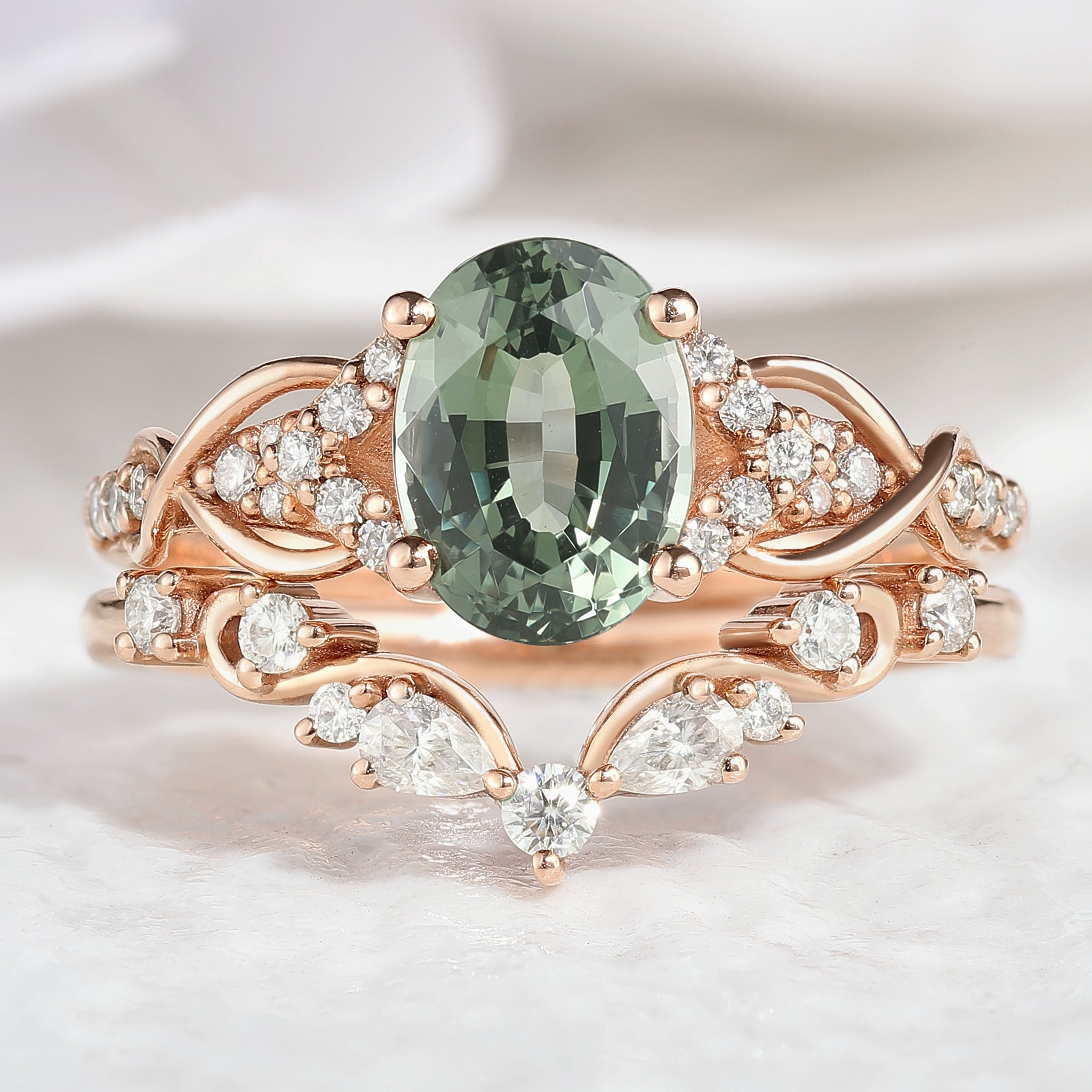 Oval green sapphire engagement ring with V-shaped wedding band, Lahela Jewelry