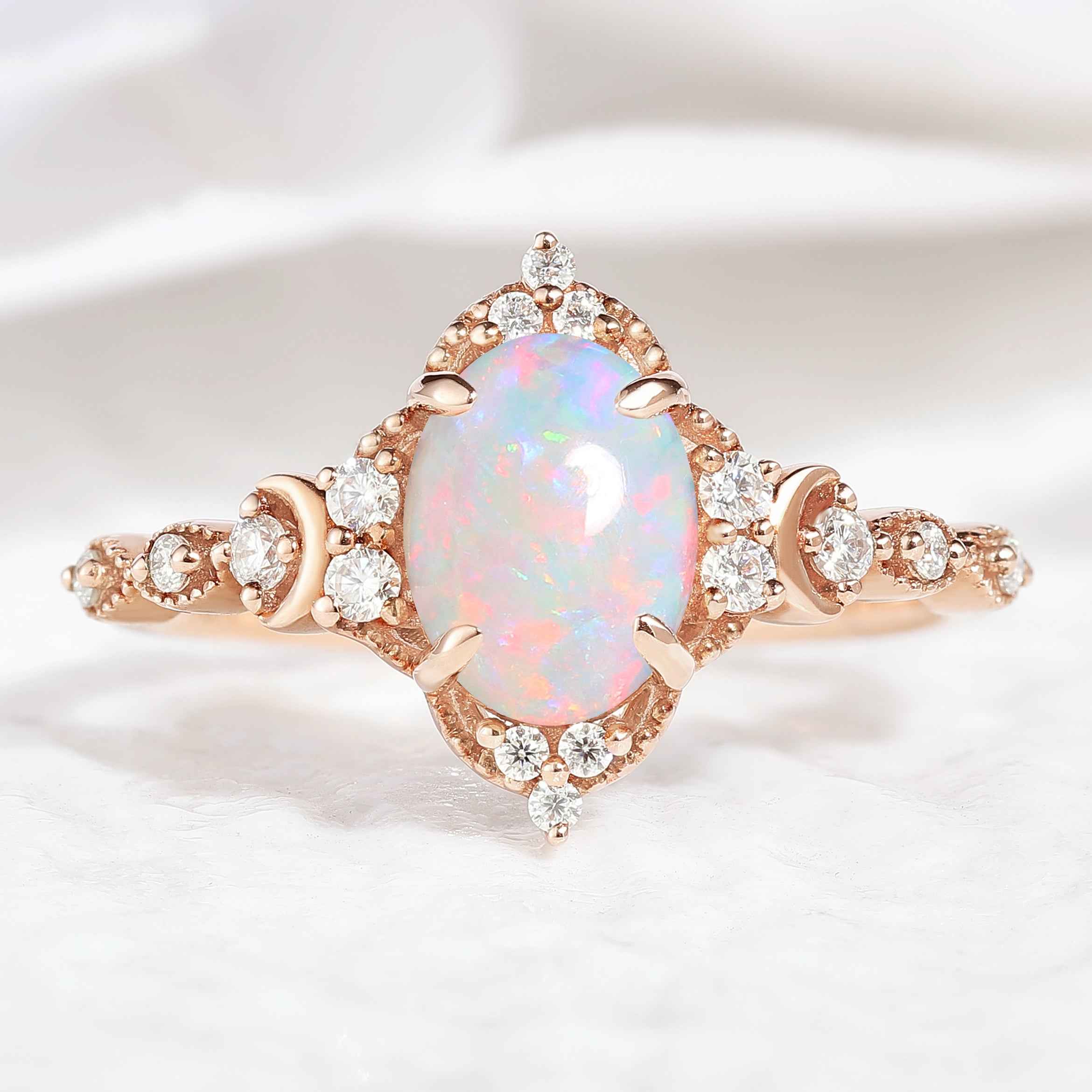 Unique Oval Opal Engagement Ring Moon Ring Rose Gold
