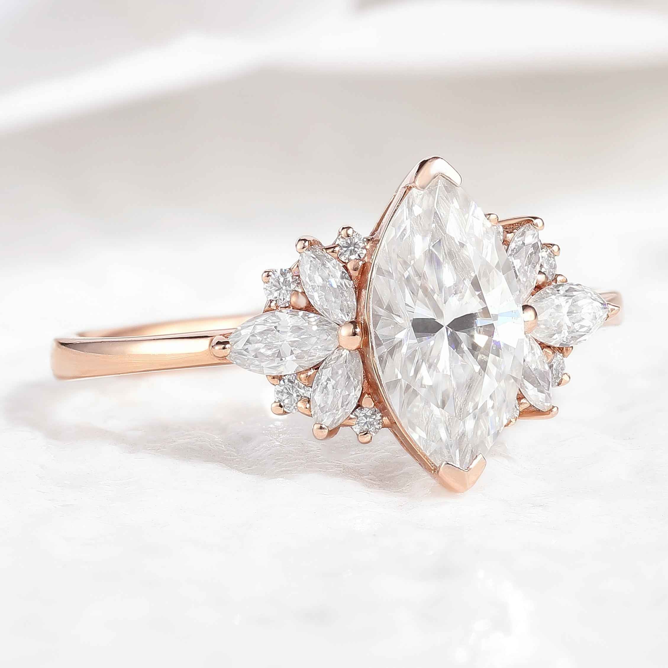 Unique Marquise Cut Moissanite Engagement Ring Rose Gold Ring