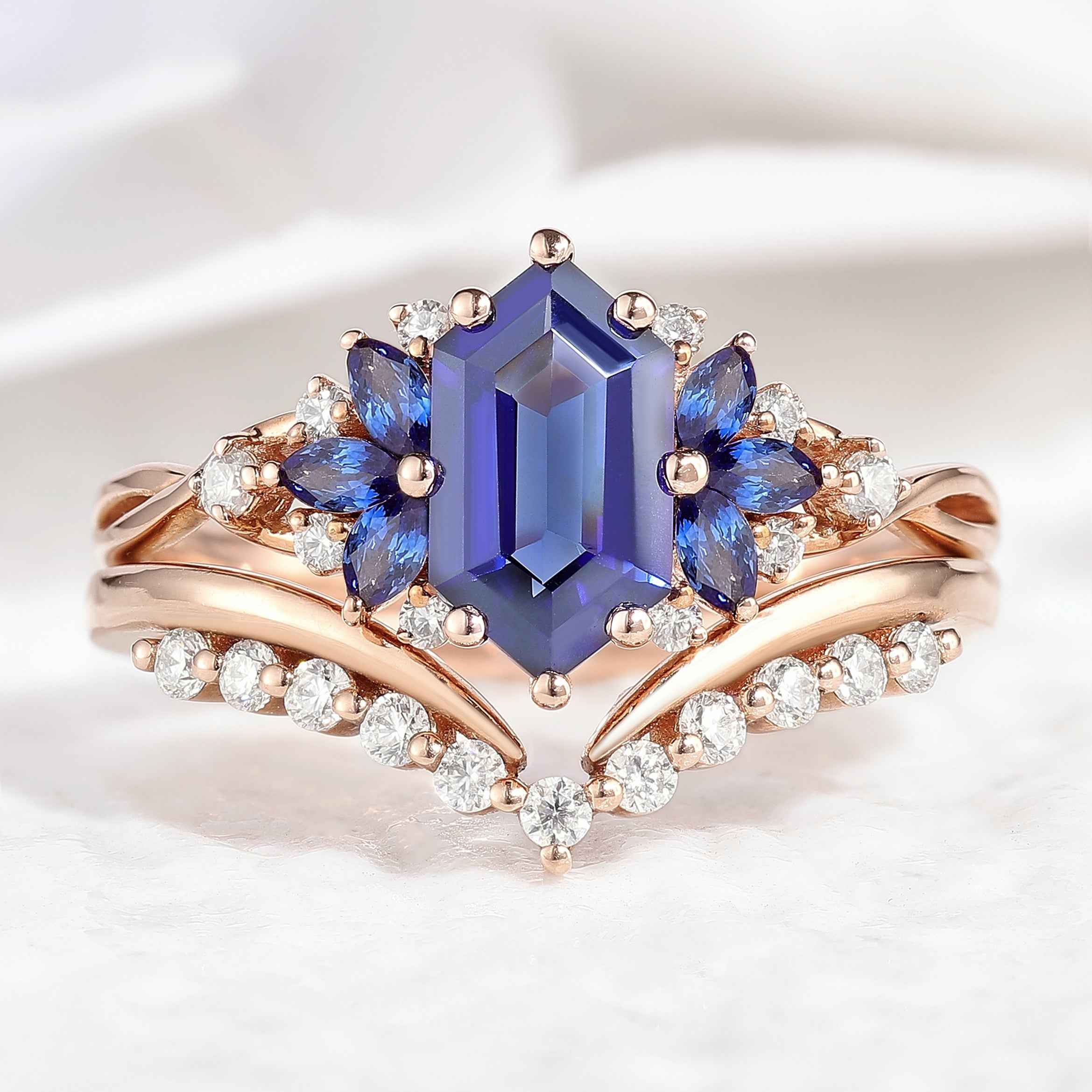 Dainty Hexagon Cut Blue Sapphire Engagement Ring Set Chevron Wedding Band 2pcs