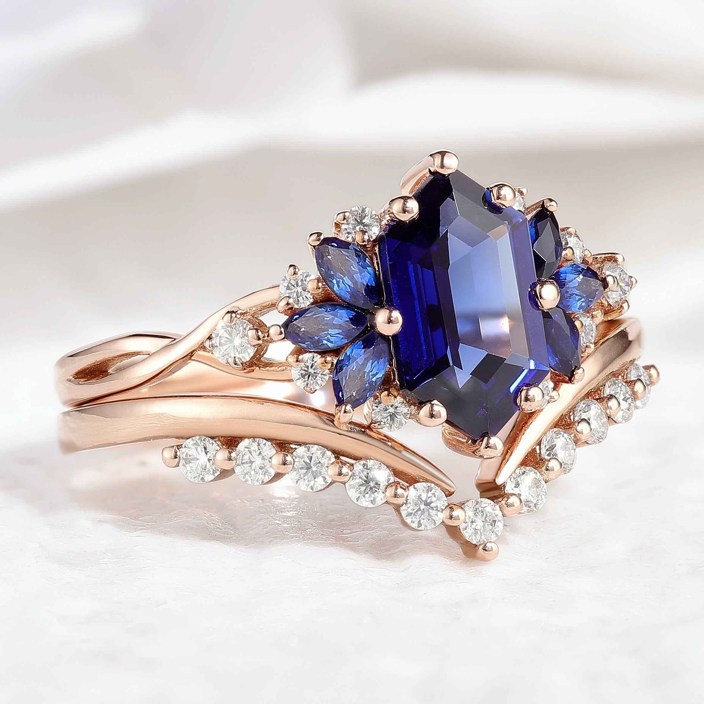 Dainty Hexagon Cut Blue Sapphire Engagement Ring Set Chevron Wedding Band 2pcs