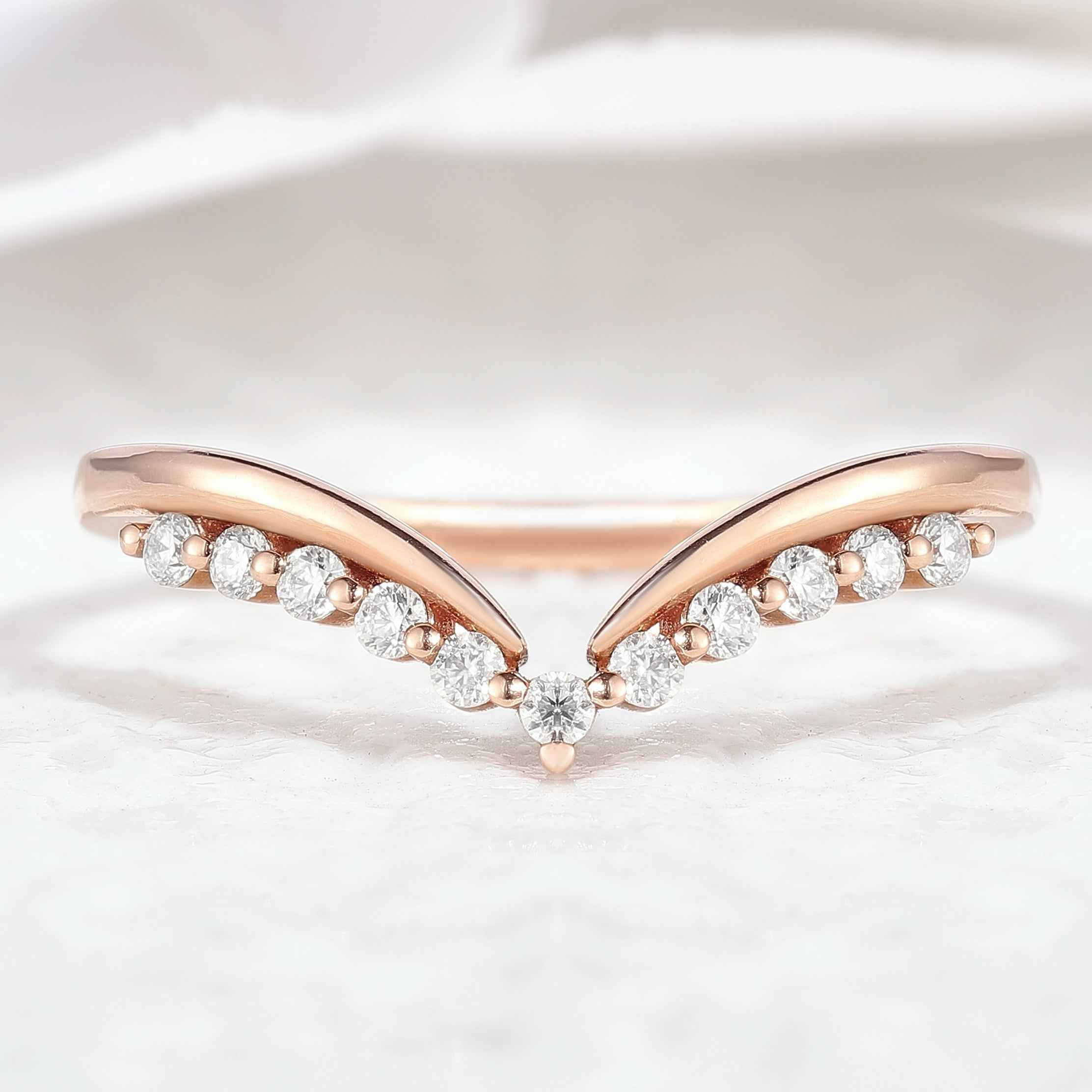 Minimalist Moissanite Wedding Band Chevron Shape Rose Gold Ring