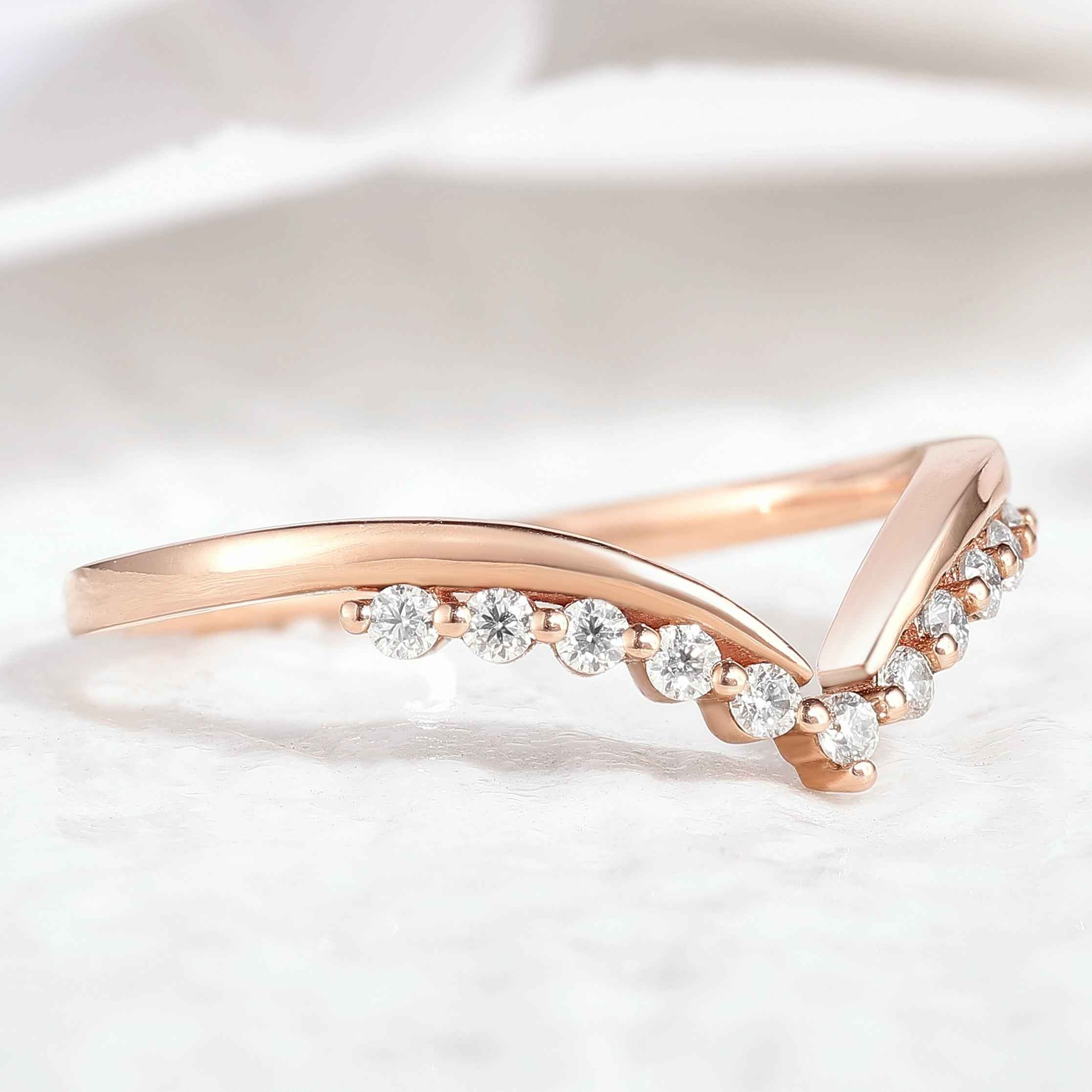 Minimalist Moissanite Wedding Band Chevron Shape Rose Gold Ring