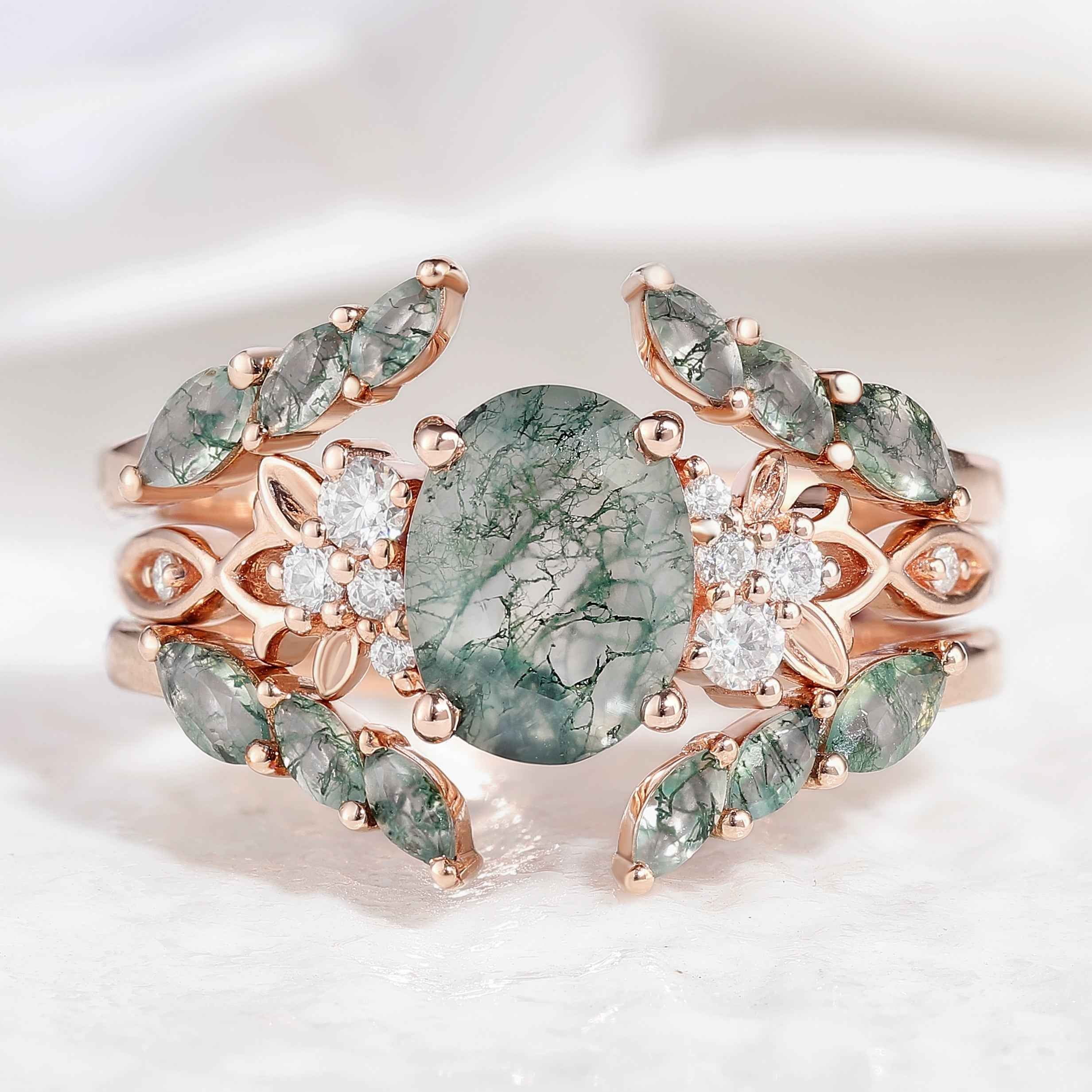 Moss Agate Engagement Rings Set Enhancer Wedding Band