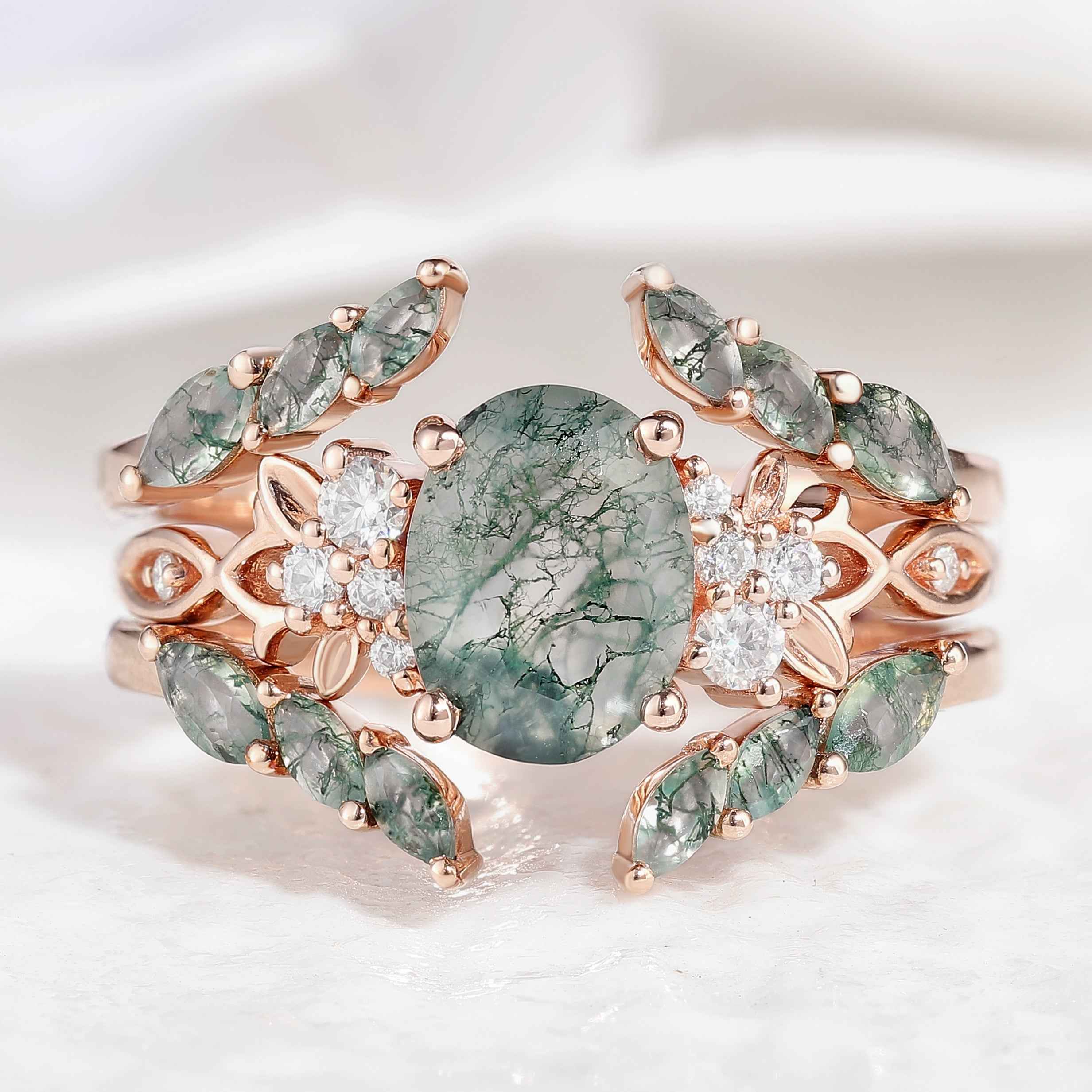 Moss Agate Engagement Rings Set Enhancer Wedding Band