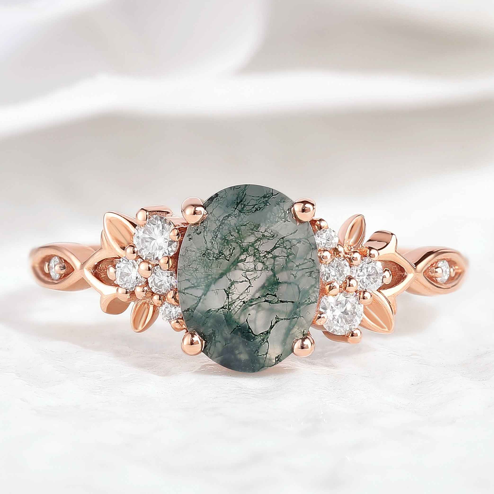Oval Cut Moss Agate Engagement Ring Nature Inspired Leaf Ring