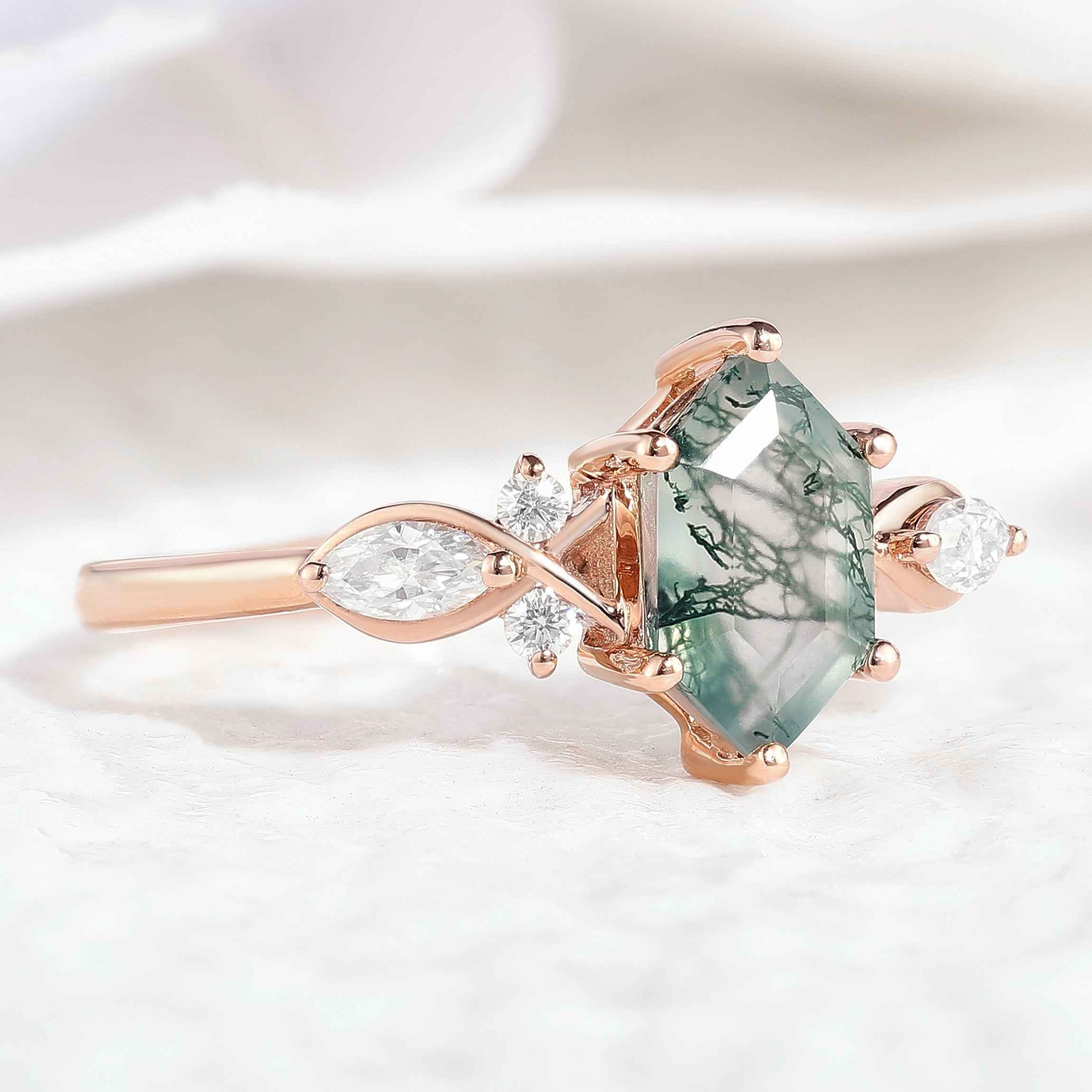 Unique Hexagon Shaped Moss Agate Engagement Ring