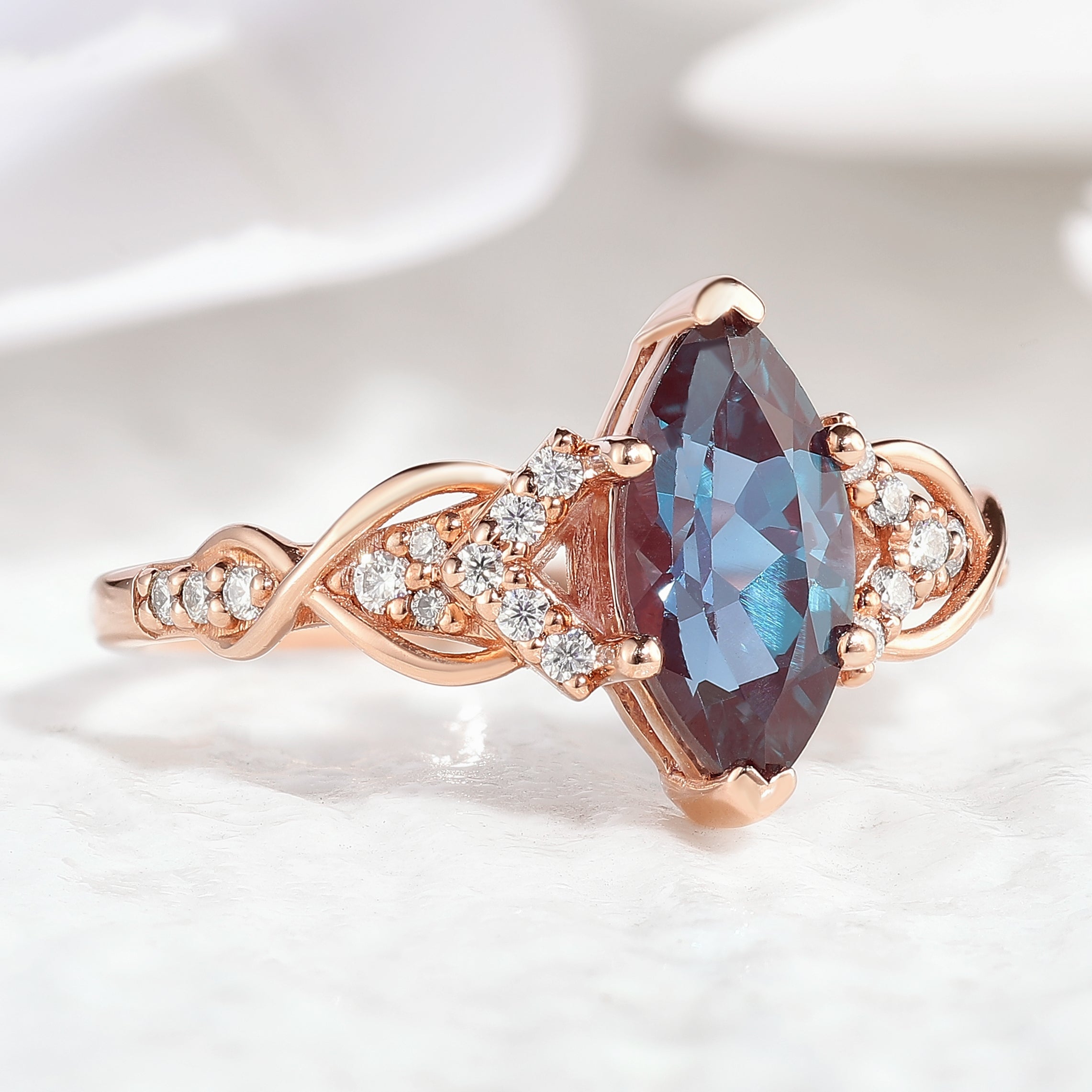 Marquise Alexandrite Engagement Ring in Rose Gold with Moissanite accents