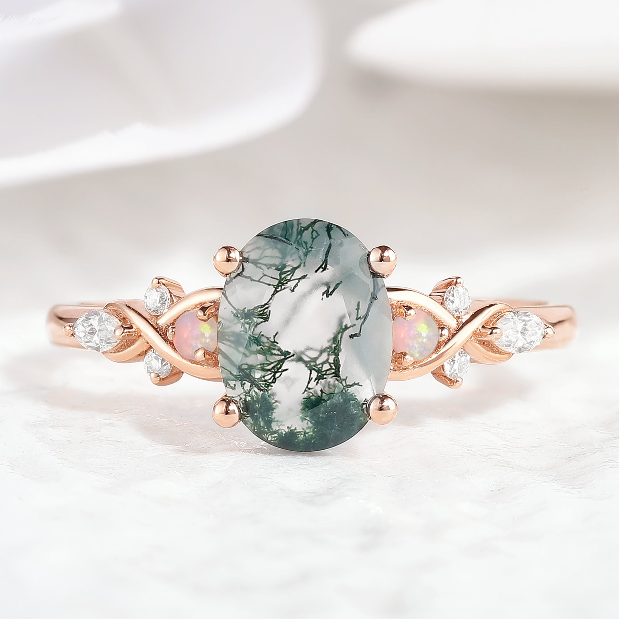 Oval Cut Moss Agate Engagement Ring with Opal and Moissanite in Rose Gold
