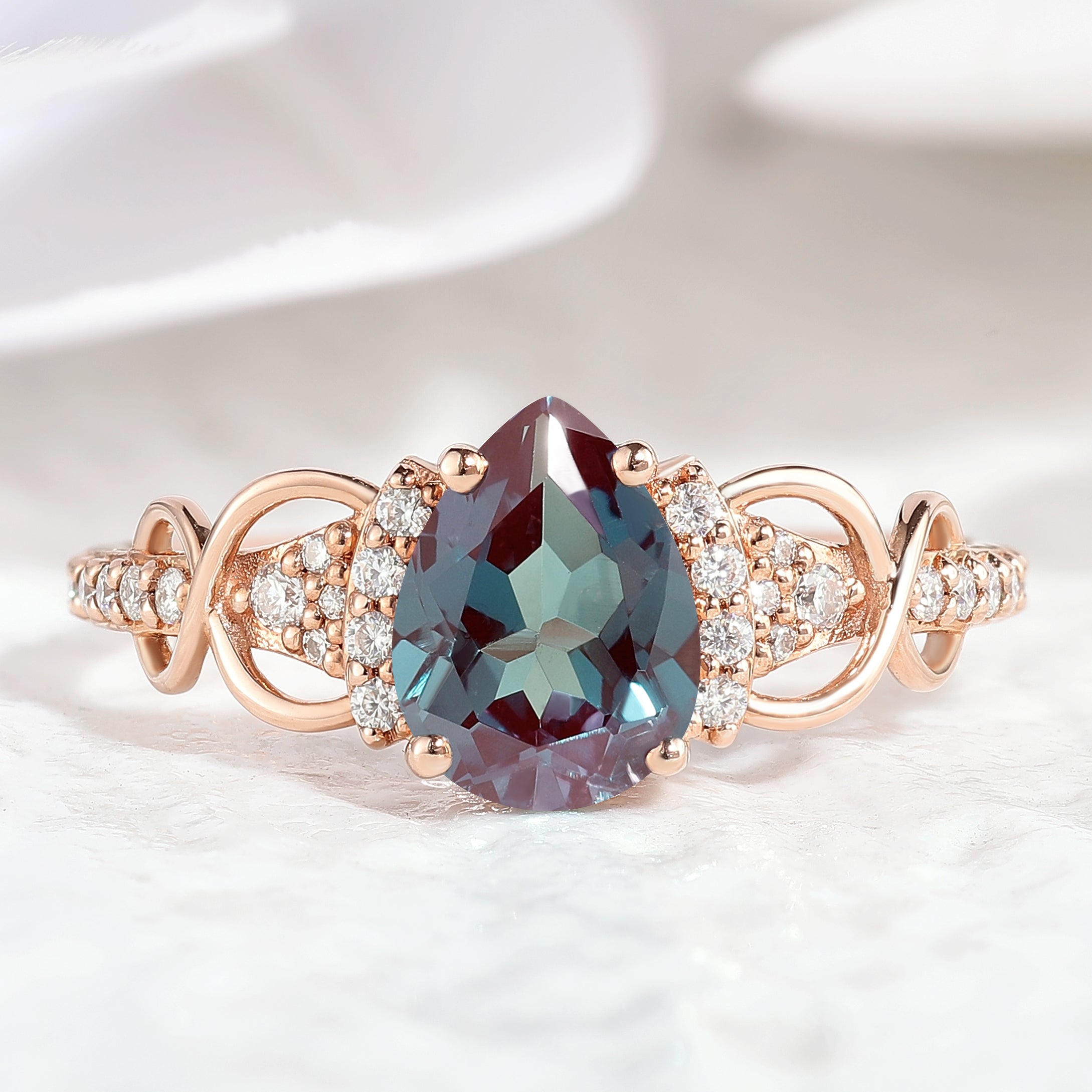 Pear Cut Alexandrite Engagement Ring in Rose Gold