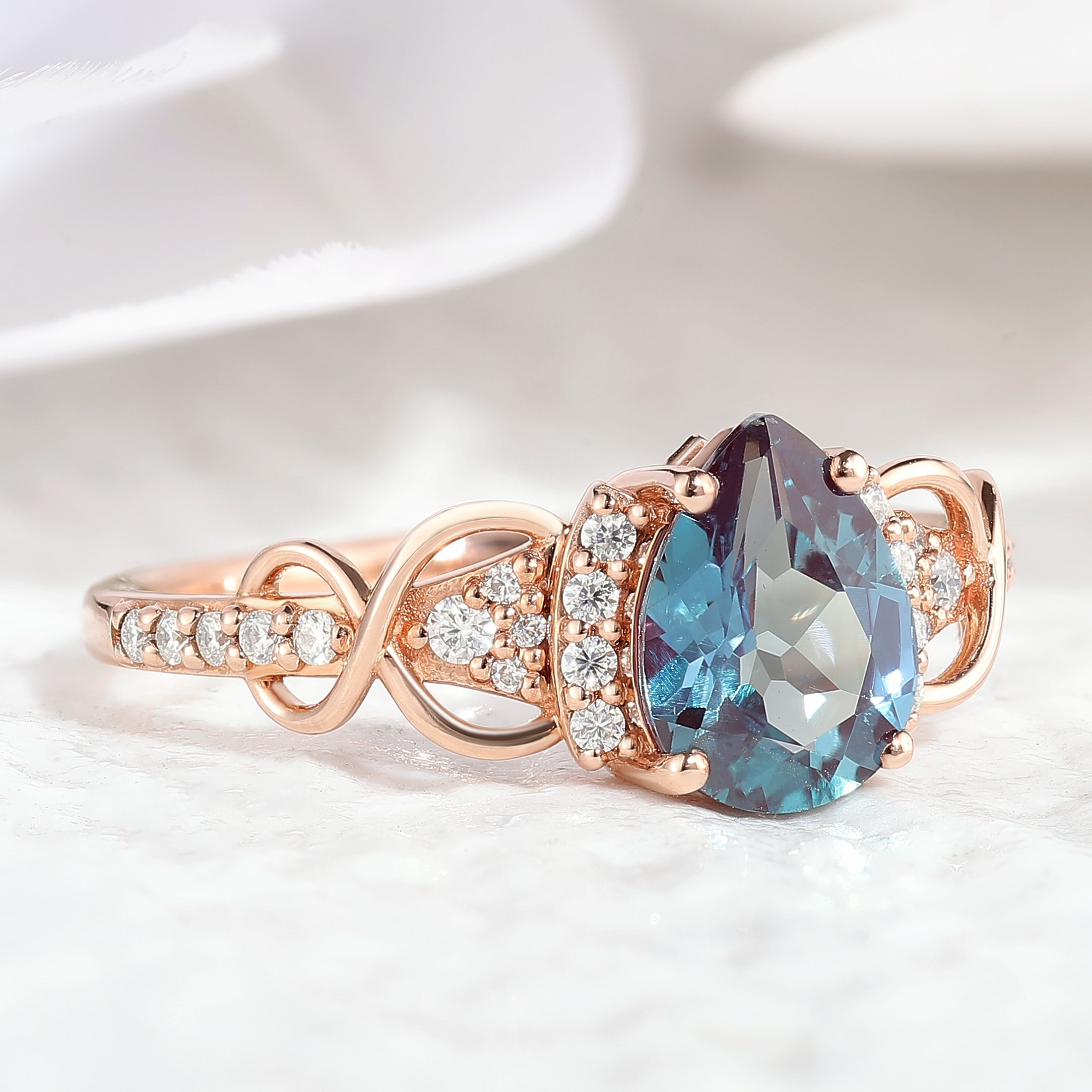 Rose Gold Pear Cut Alexandrite Engagement Ring with Halo