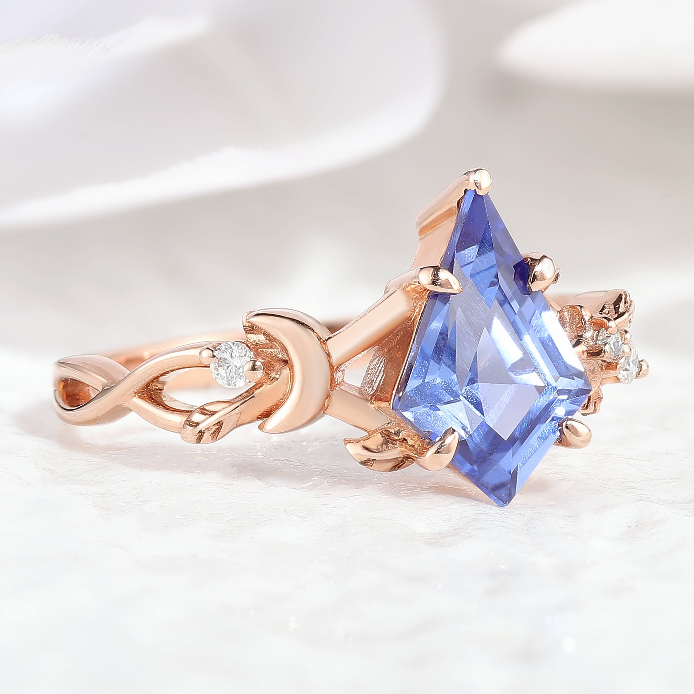 Rose gold kite sapphire engagement ring, nature inspired celestial design