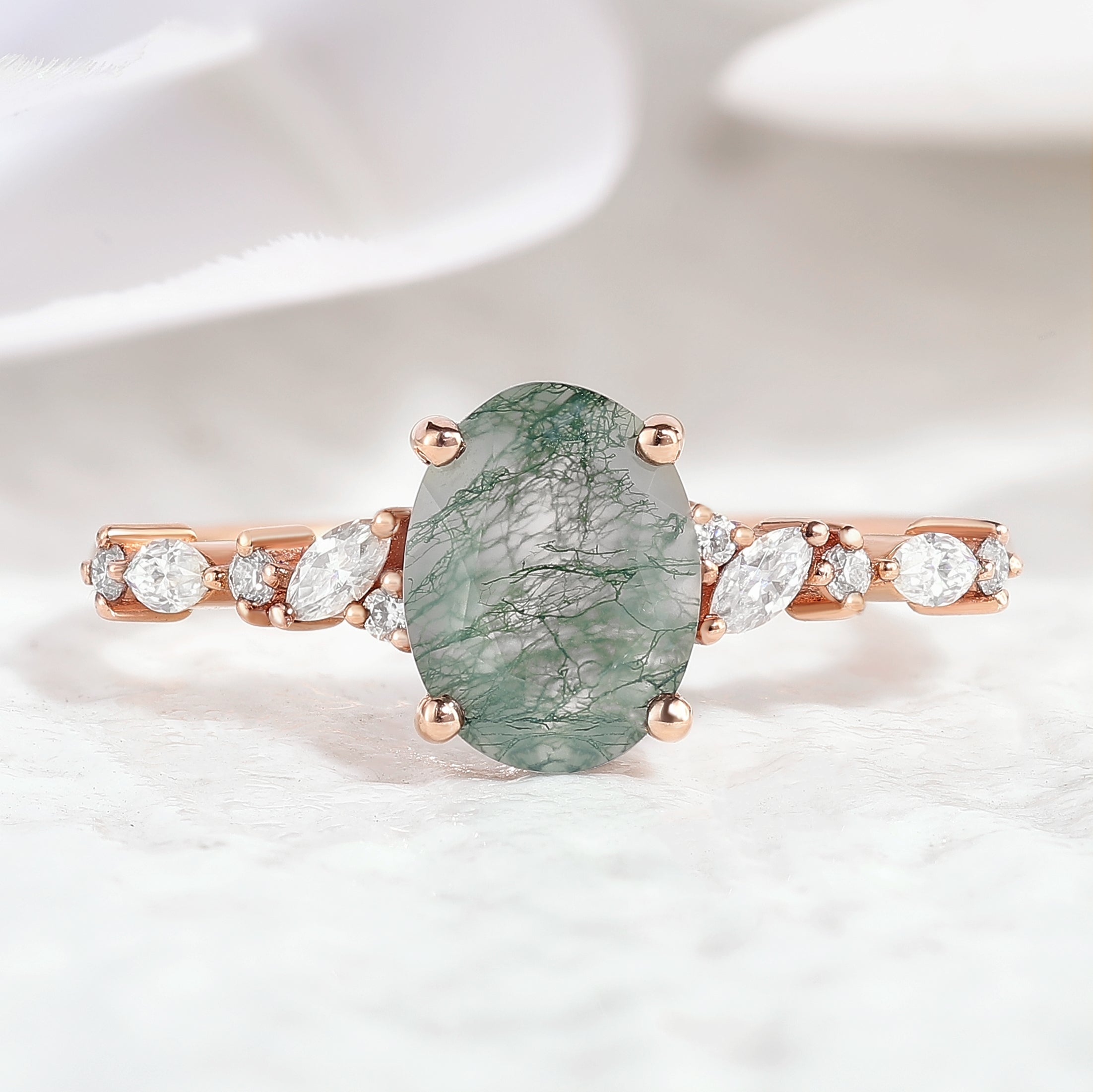 Nature-inspired oval moss agate engagement ring with moissanite accents