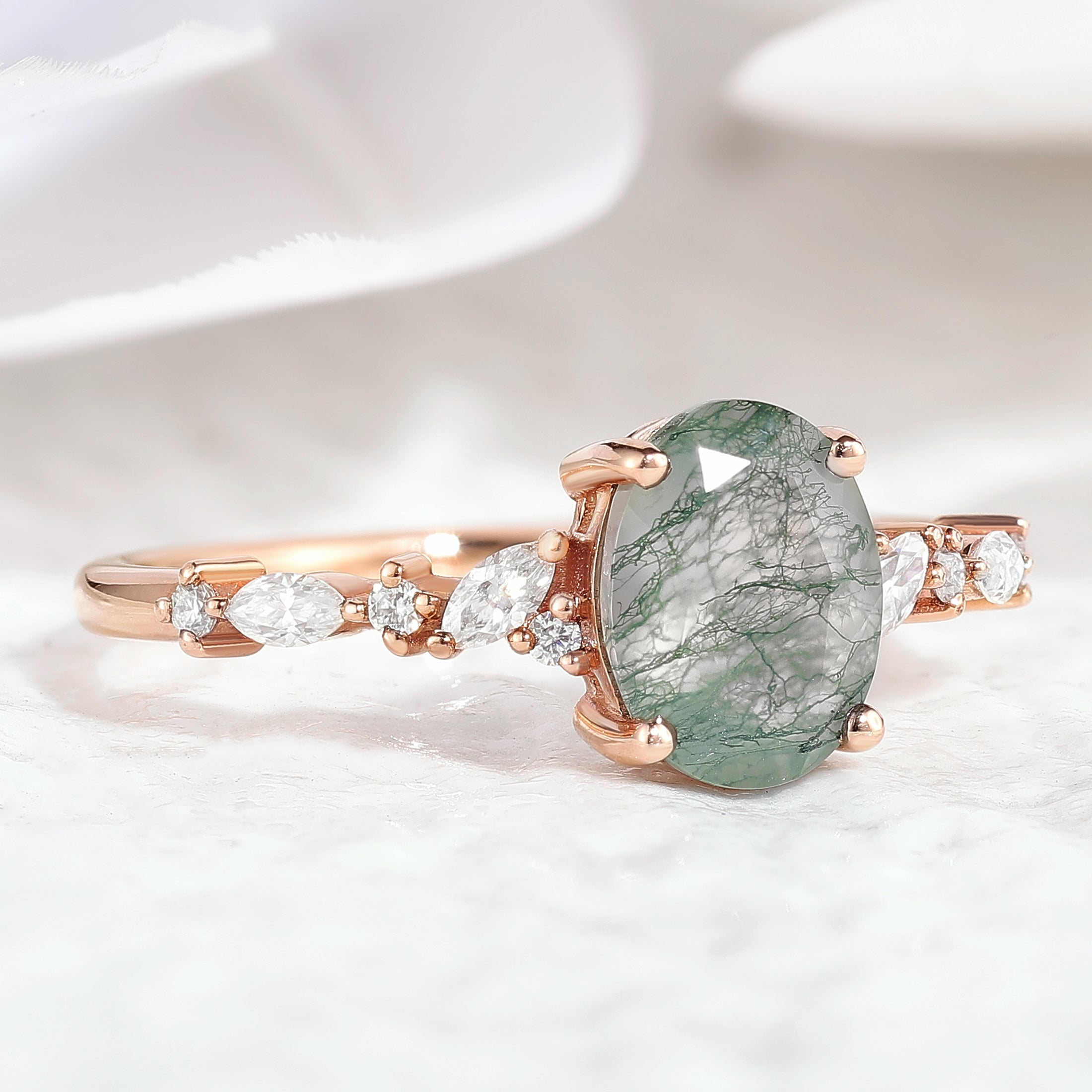 Rose gold moss agate and moissanite engagement ring