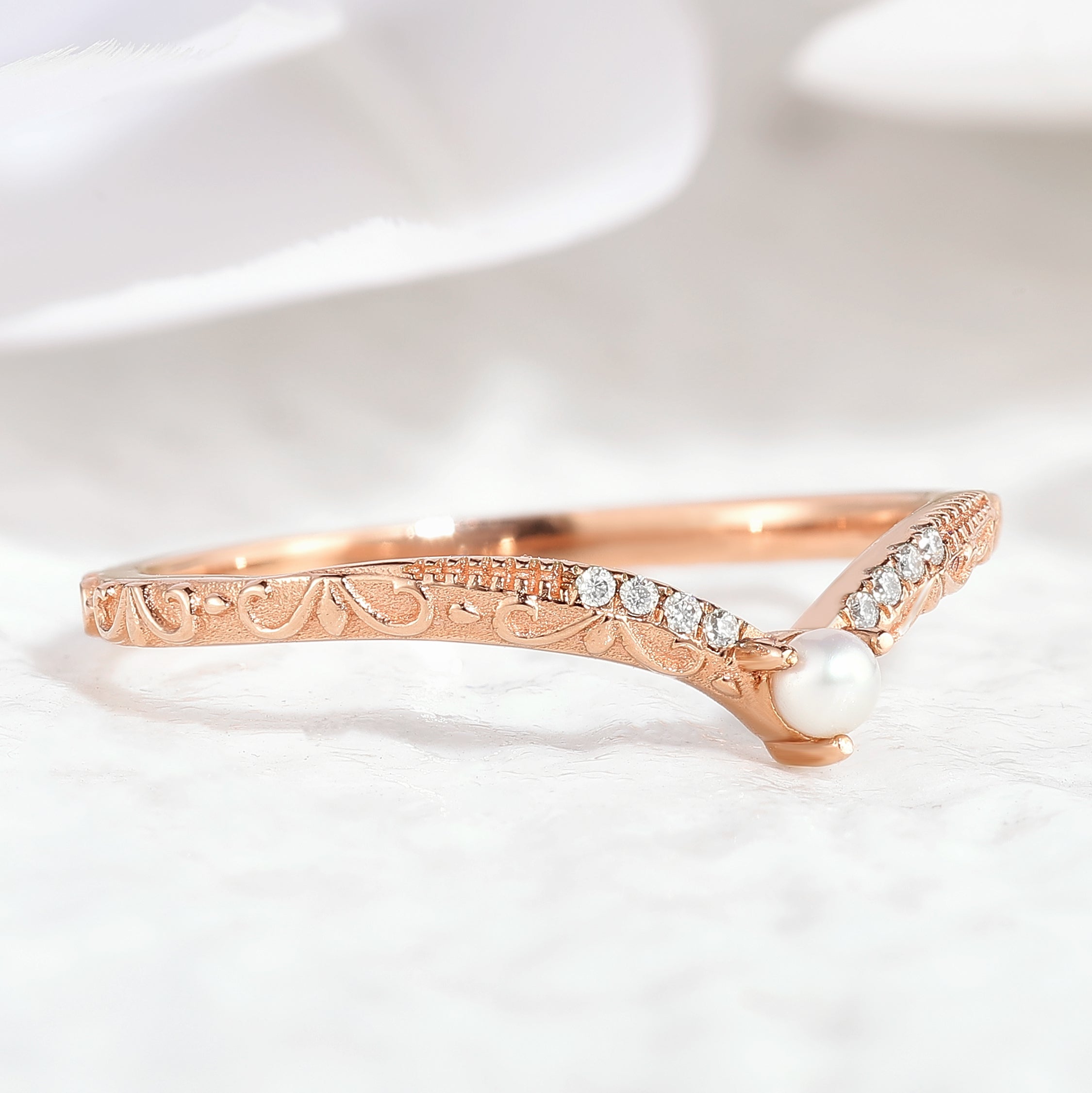 Rose Gold Chevron Wedding Band with Pearl and Moissanite