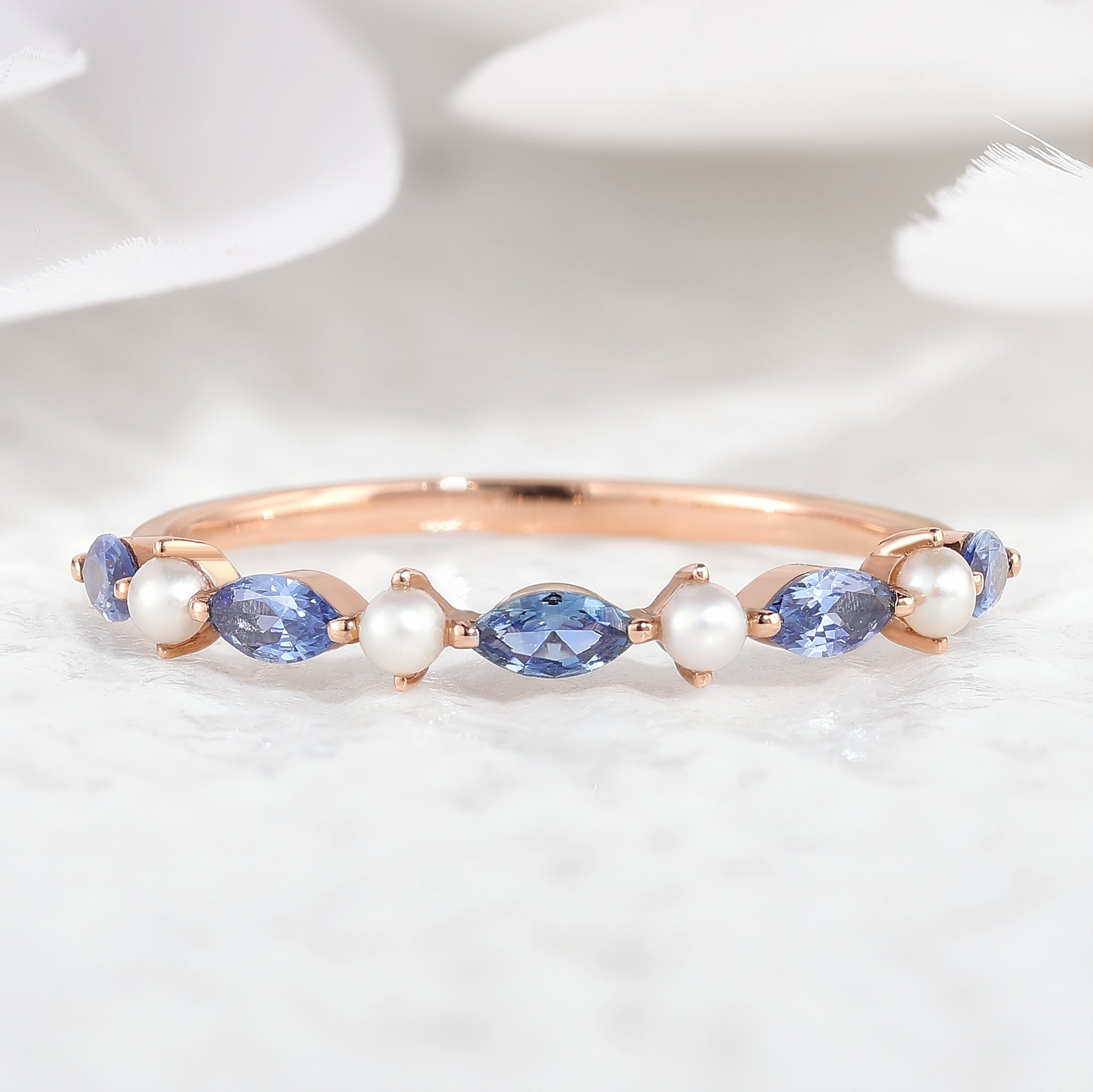 Marquise Cut Sapphire and Pearl Wedding Band