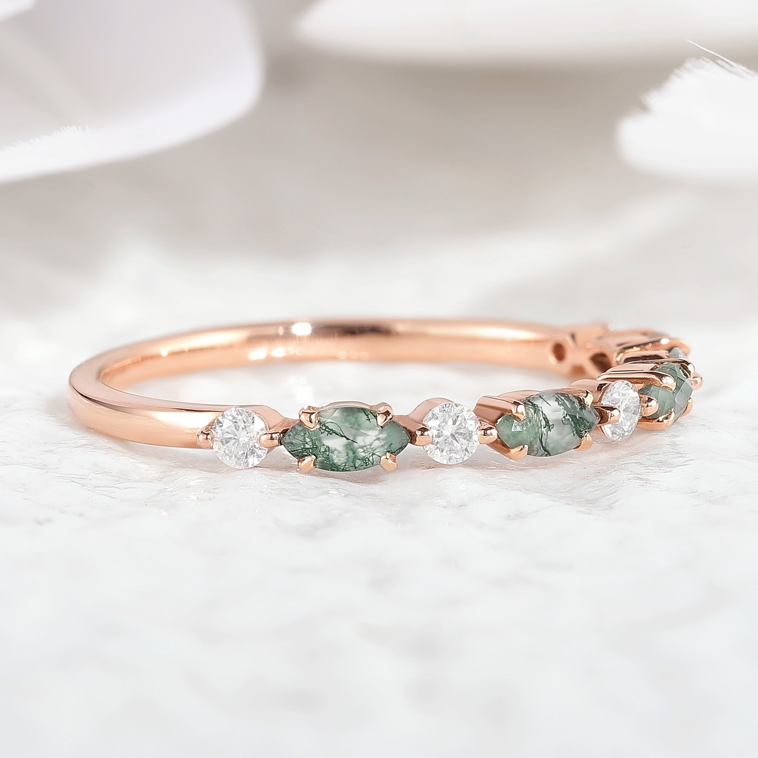 Rose gold moss agate and moissanite wedding band
