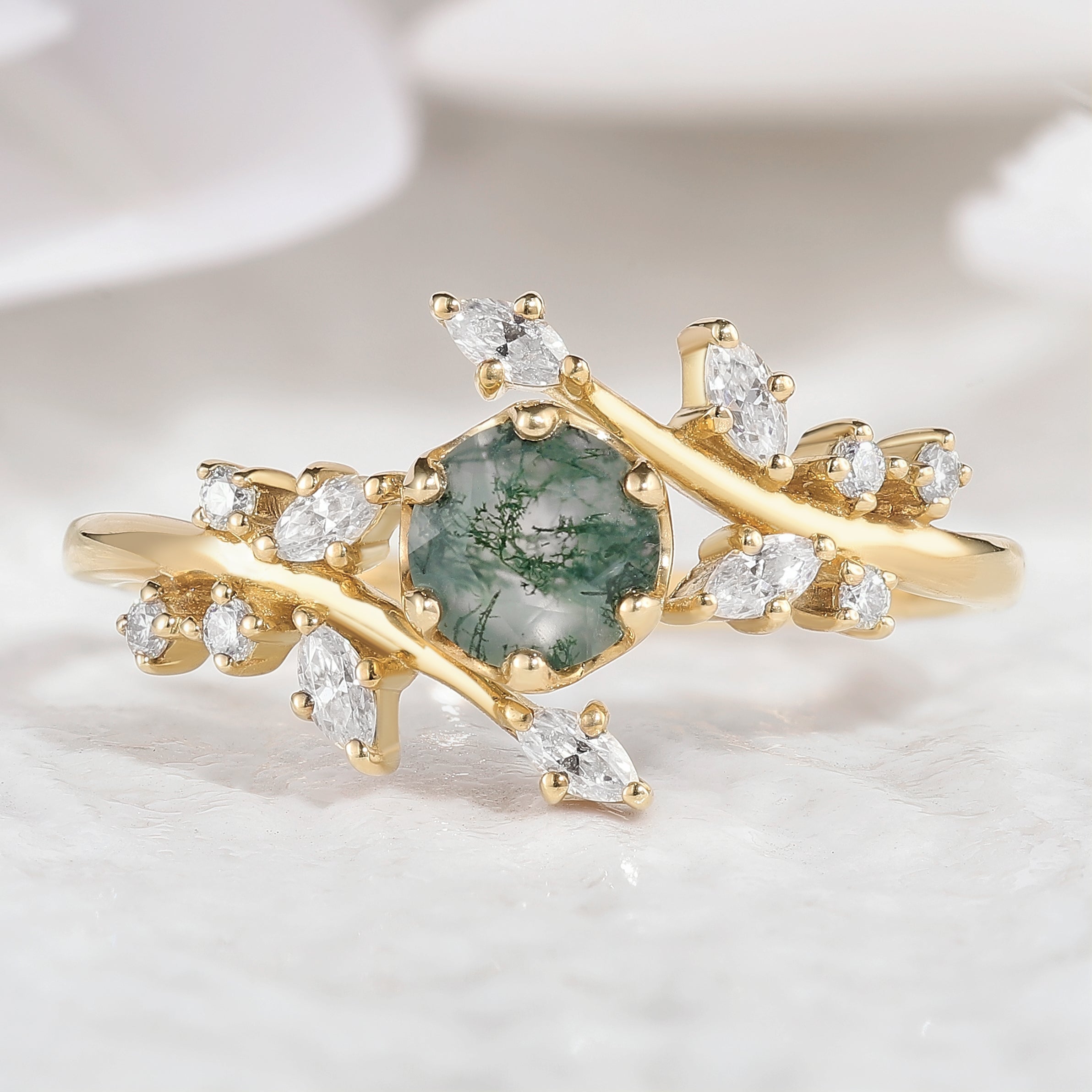 Round Cut Moss Agate Engagement Ring with Branch Detailing