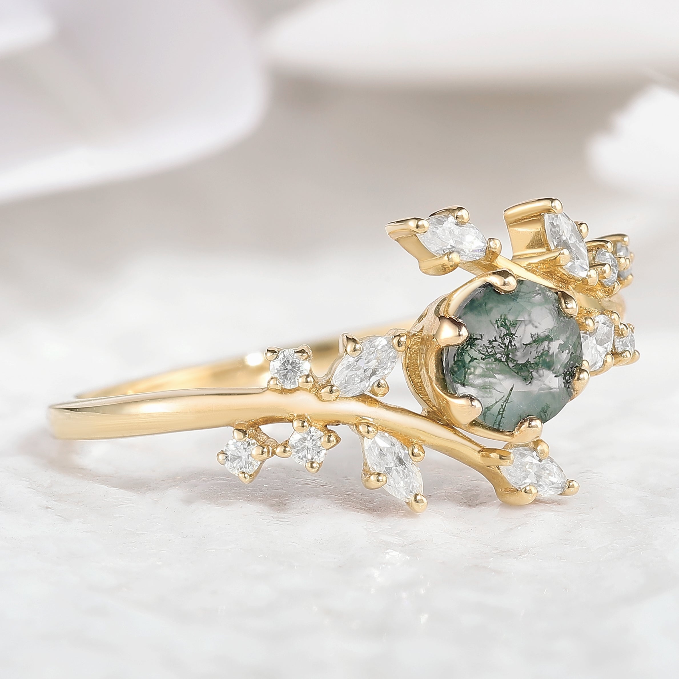 Gold Moss Agate Engagement Ring with Leaf and Diamond accents
