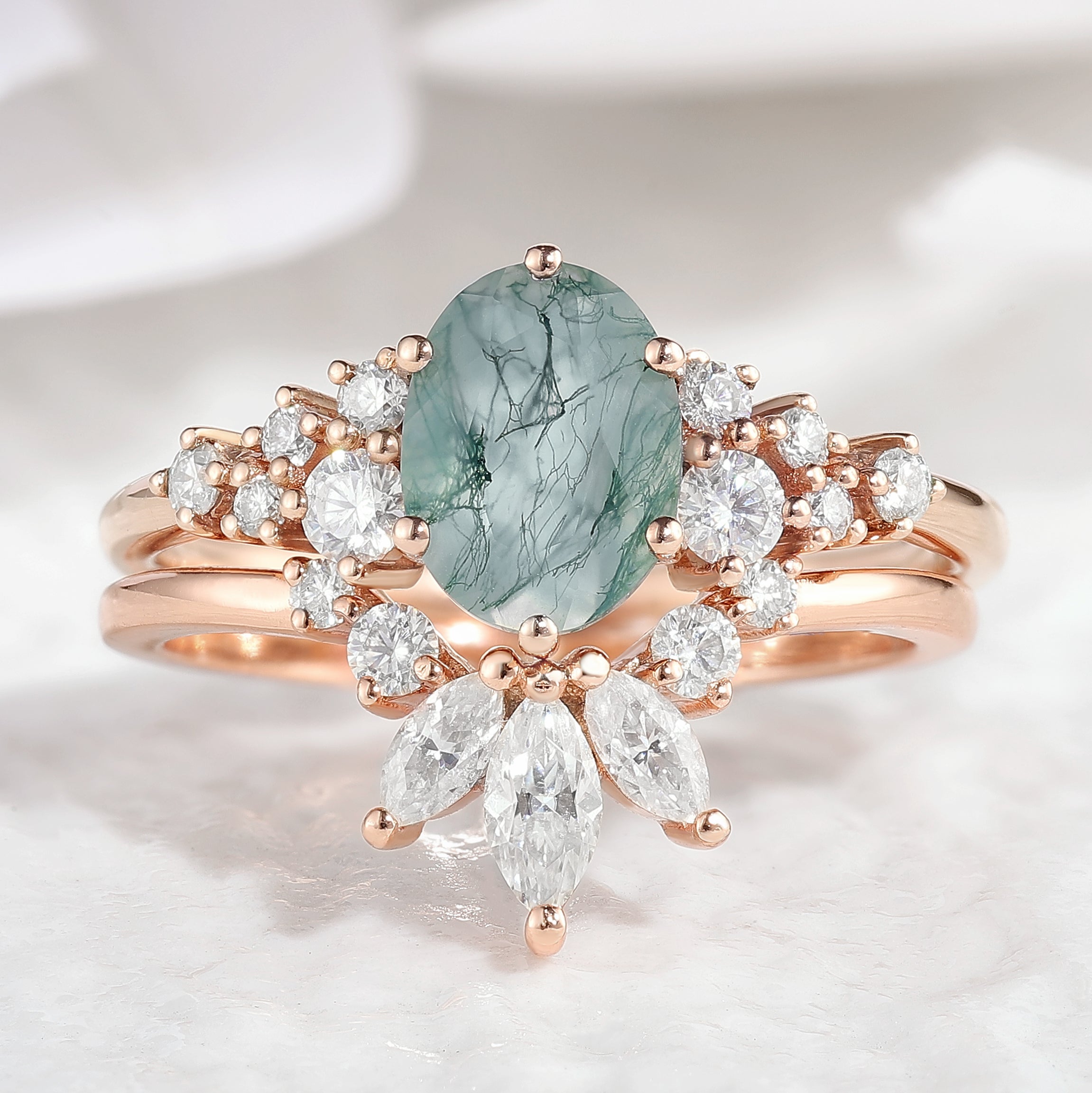Moss Agate Engagement Ring with Moissanite Chevron Wedding Band