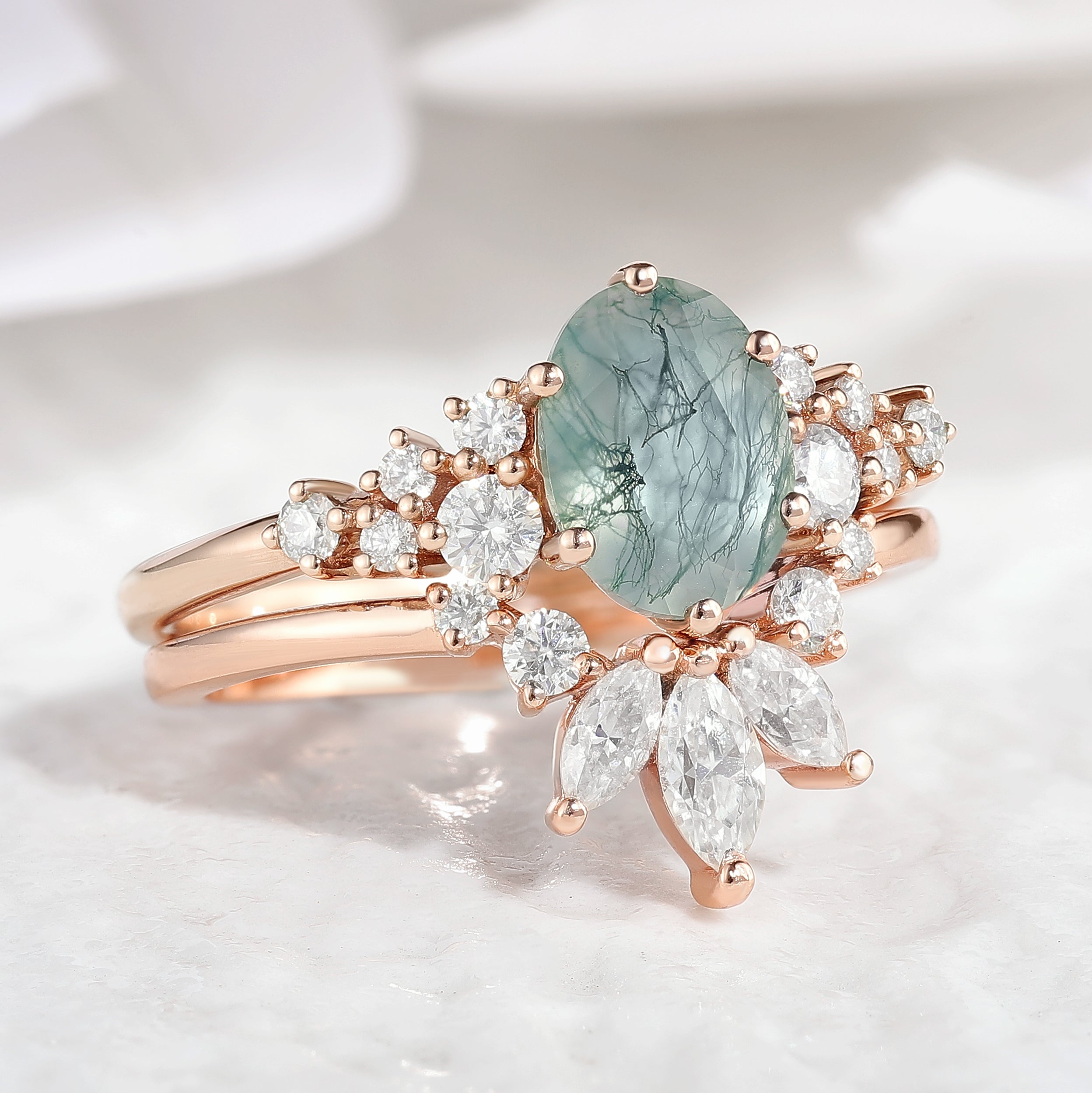 Oval Moss Agate Engagement Ring and Chevron Wedding Band Set