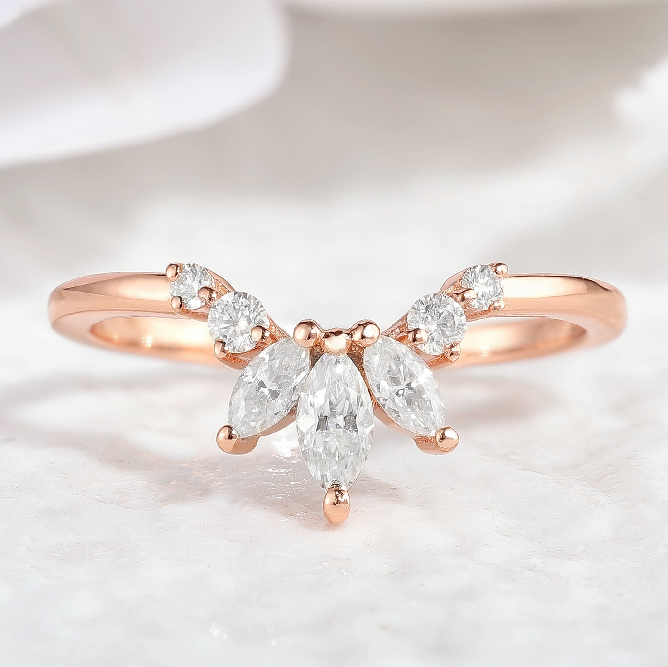 Rose Gold Marquise Moissanite Chevron Wedding Band
