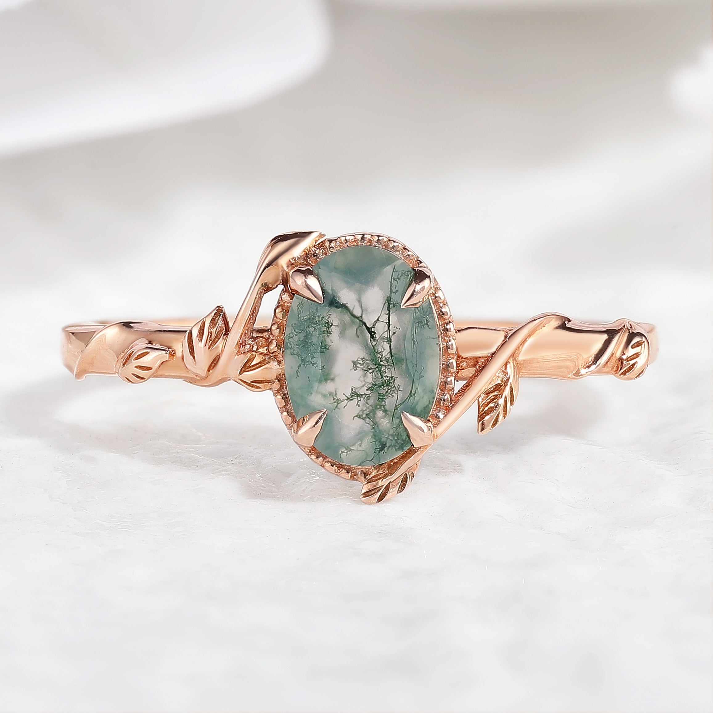 Oval Cut Nature Inspired Leafy Moss Agate Engagement Ring