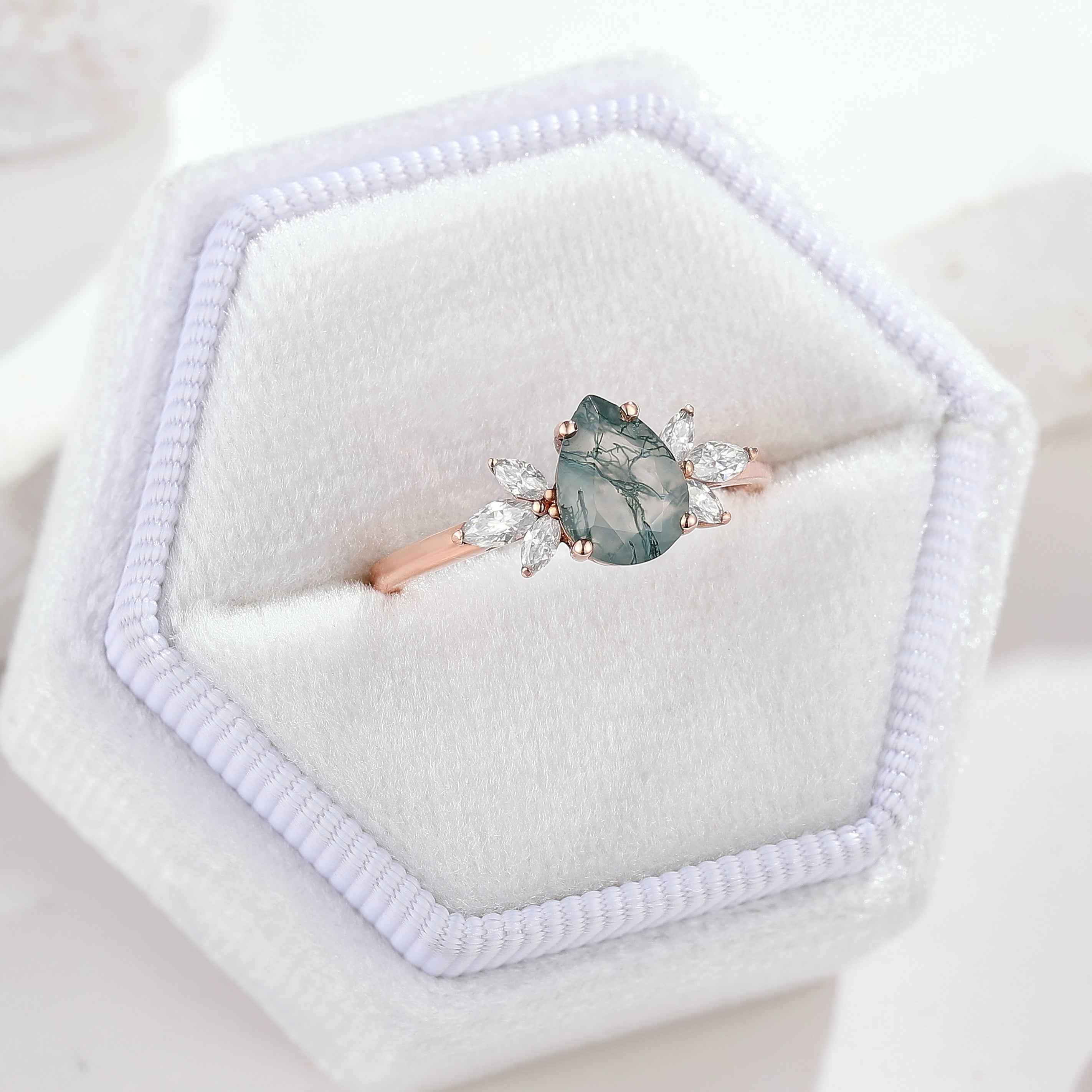 Unique Pear Cut Moss Agate Engagement Ring For Women