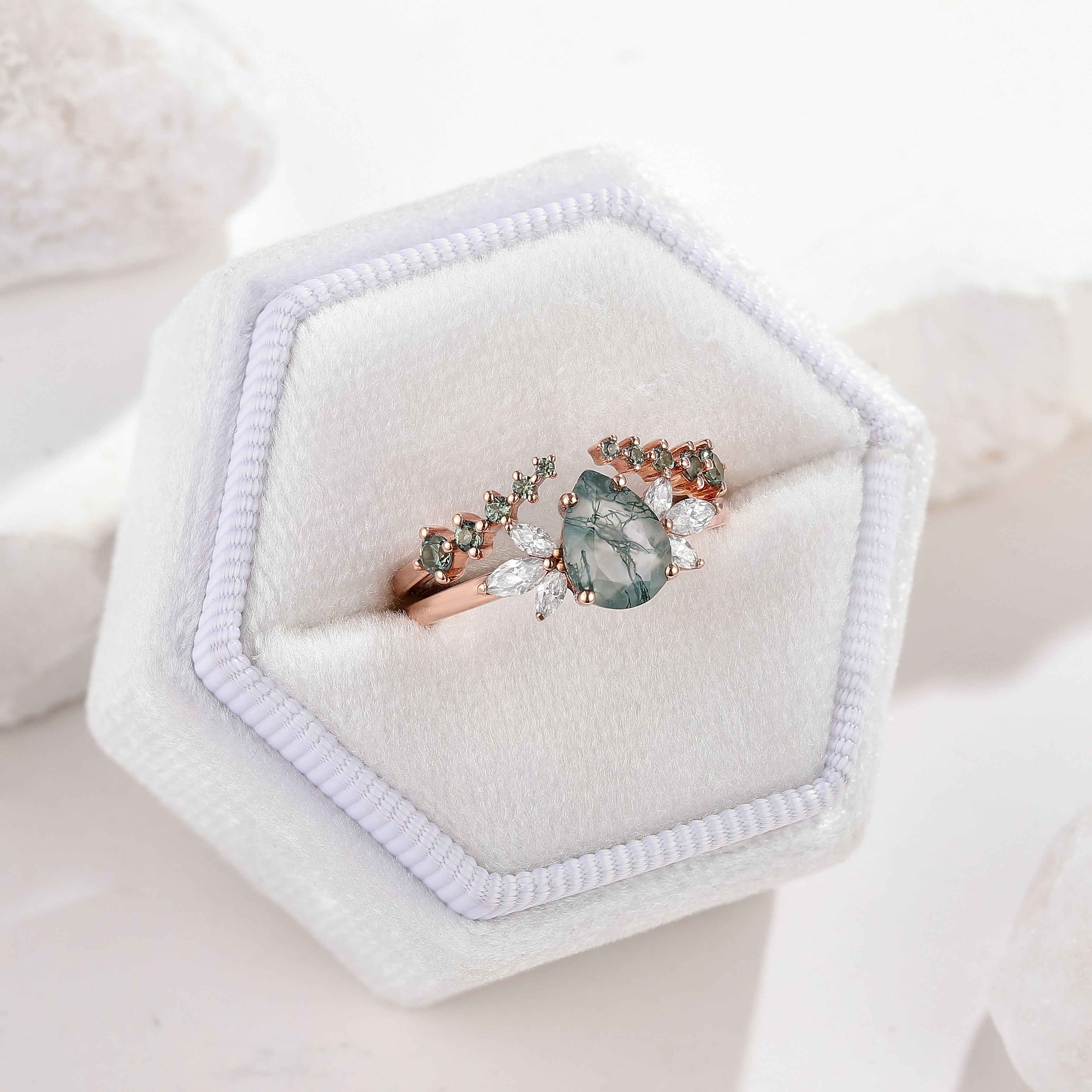 Moss Agate Engagement Ring Set Green Sapphire Open Wedding Band 2pcs