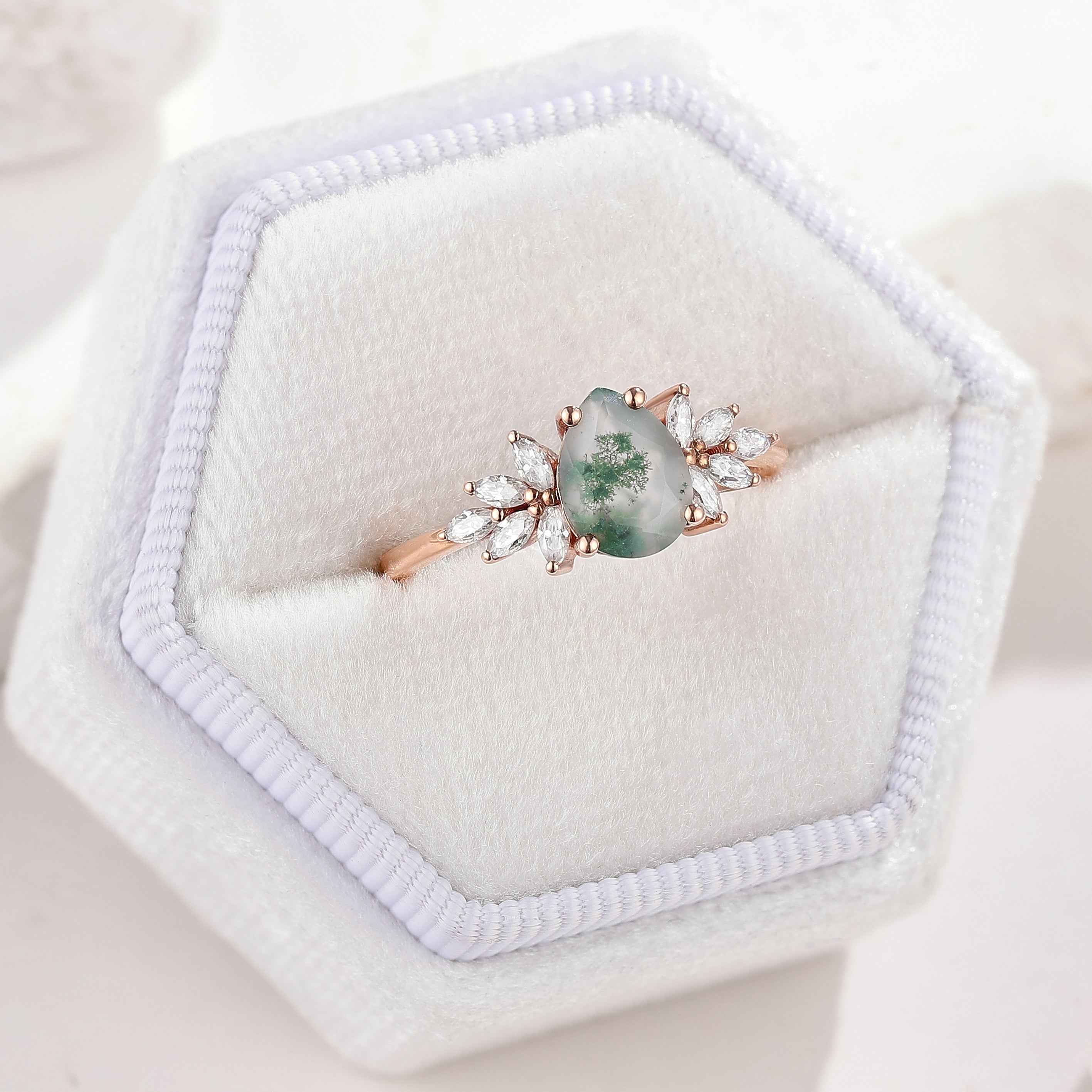 Unique Moss Agate Engagement Ring Marquise Moissanite Cluster Wedding Ring