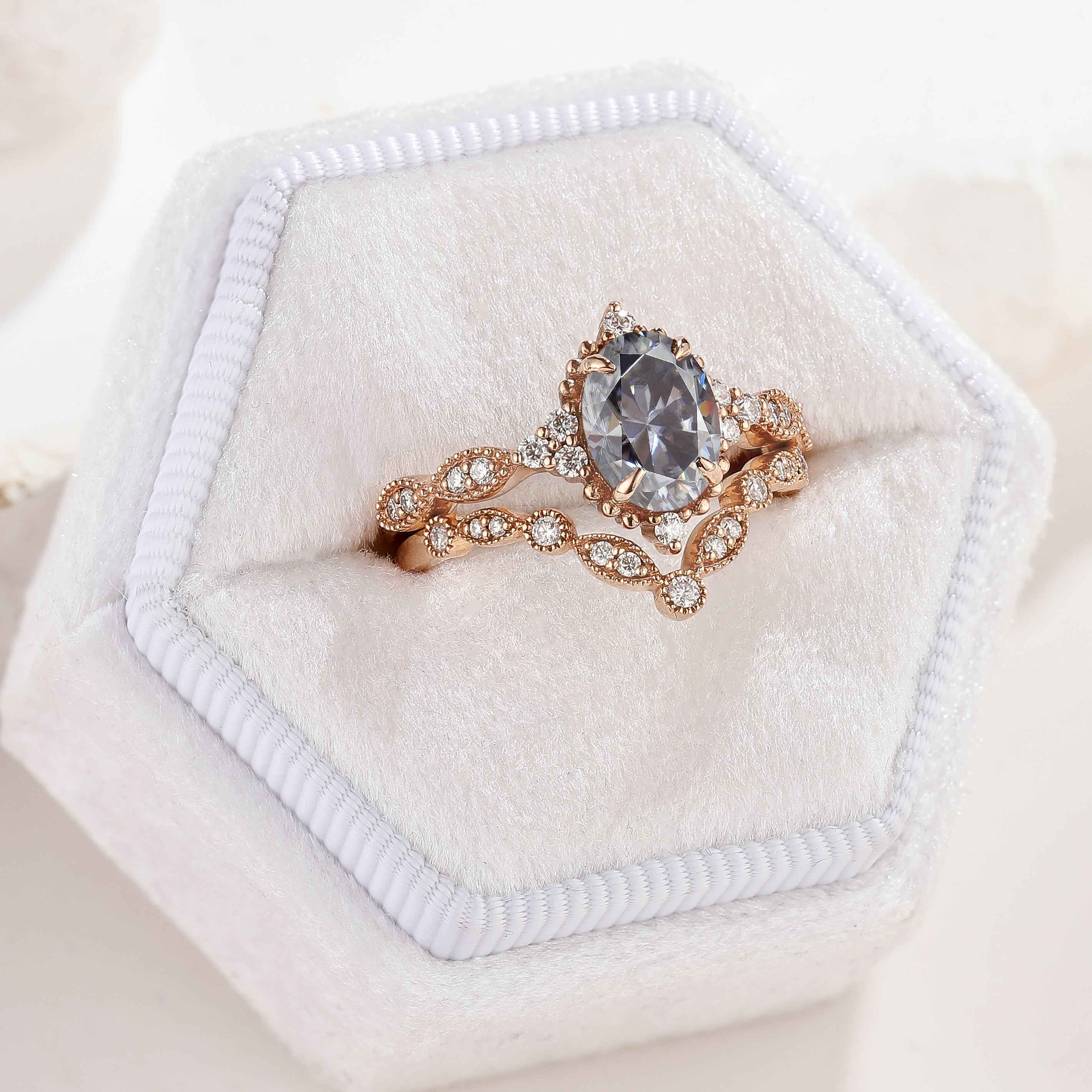 Oval Black Moissanite Engagement Ring Set Chevron Moissanite Wedding Band