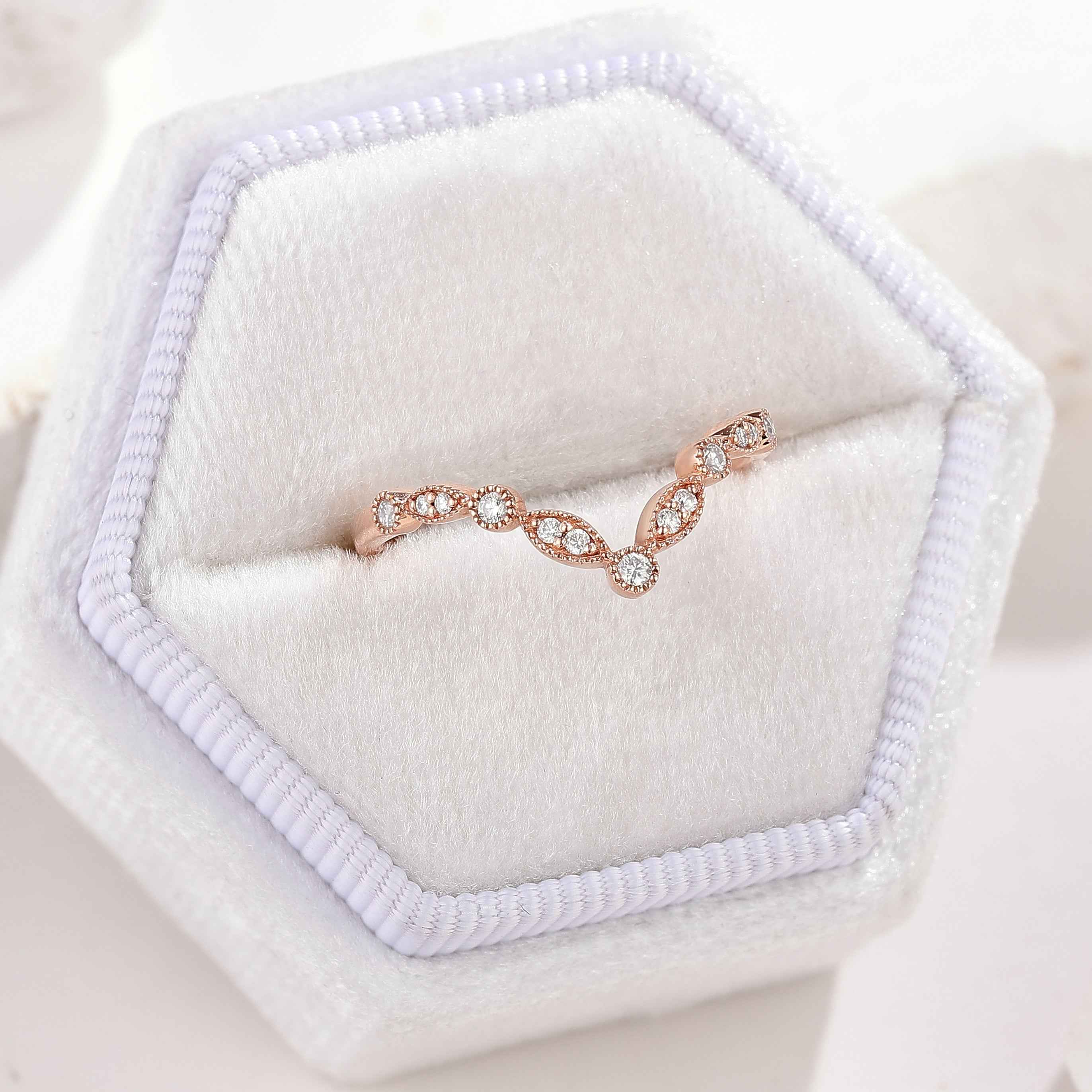 Vintage Moissanite Chevron Wedding Band Rose Gold