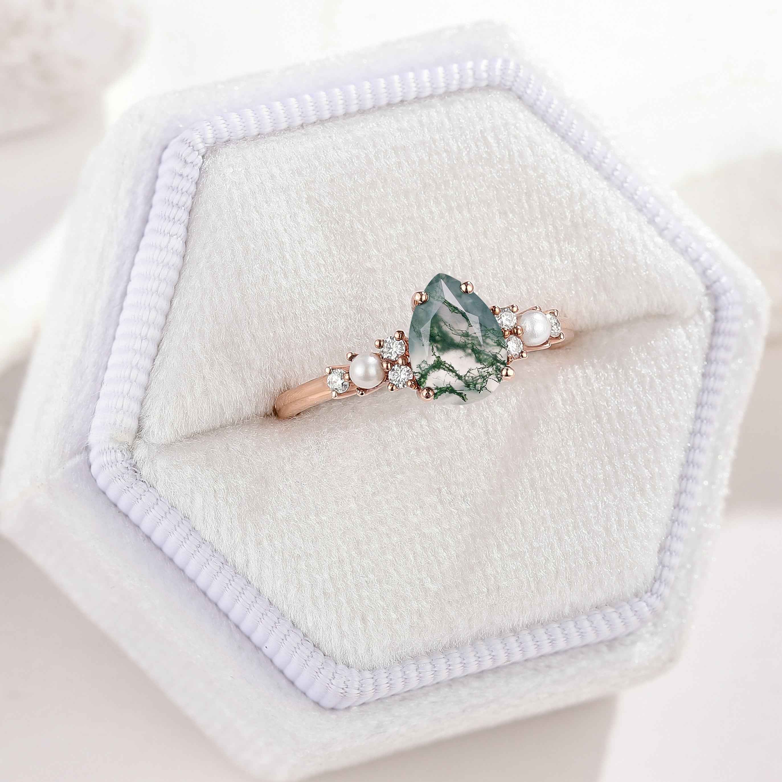 Unique Pear Cut Moss Agate Engagement Ring Moissanite And Pearl Cluster