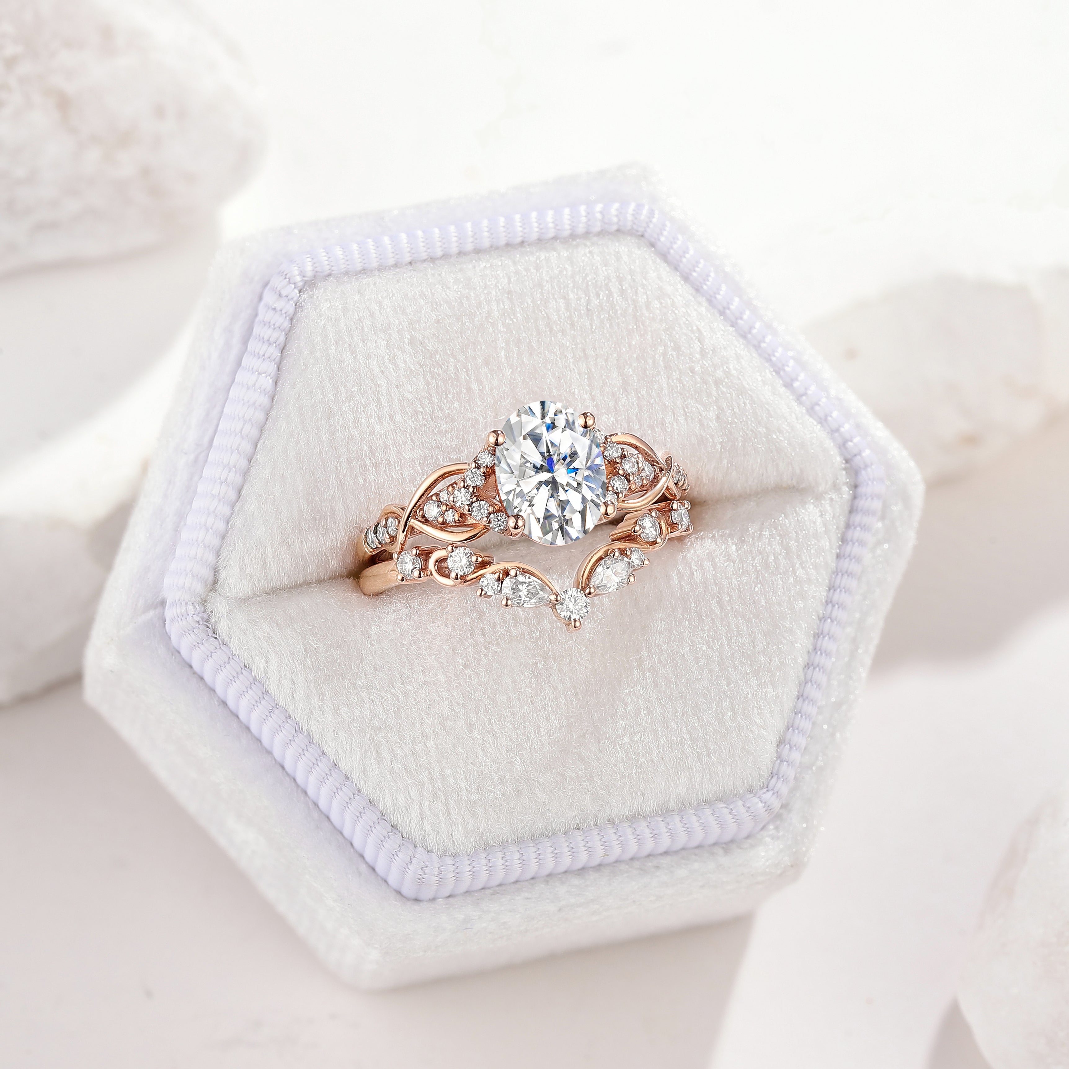 Oval moissanite engagement ring set, nature-inspired design, Lahela Jewelry