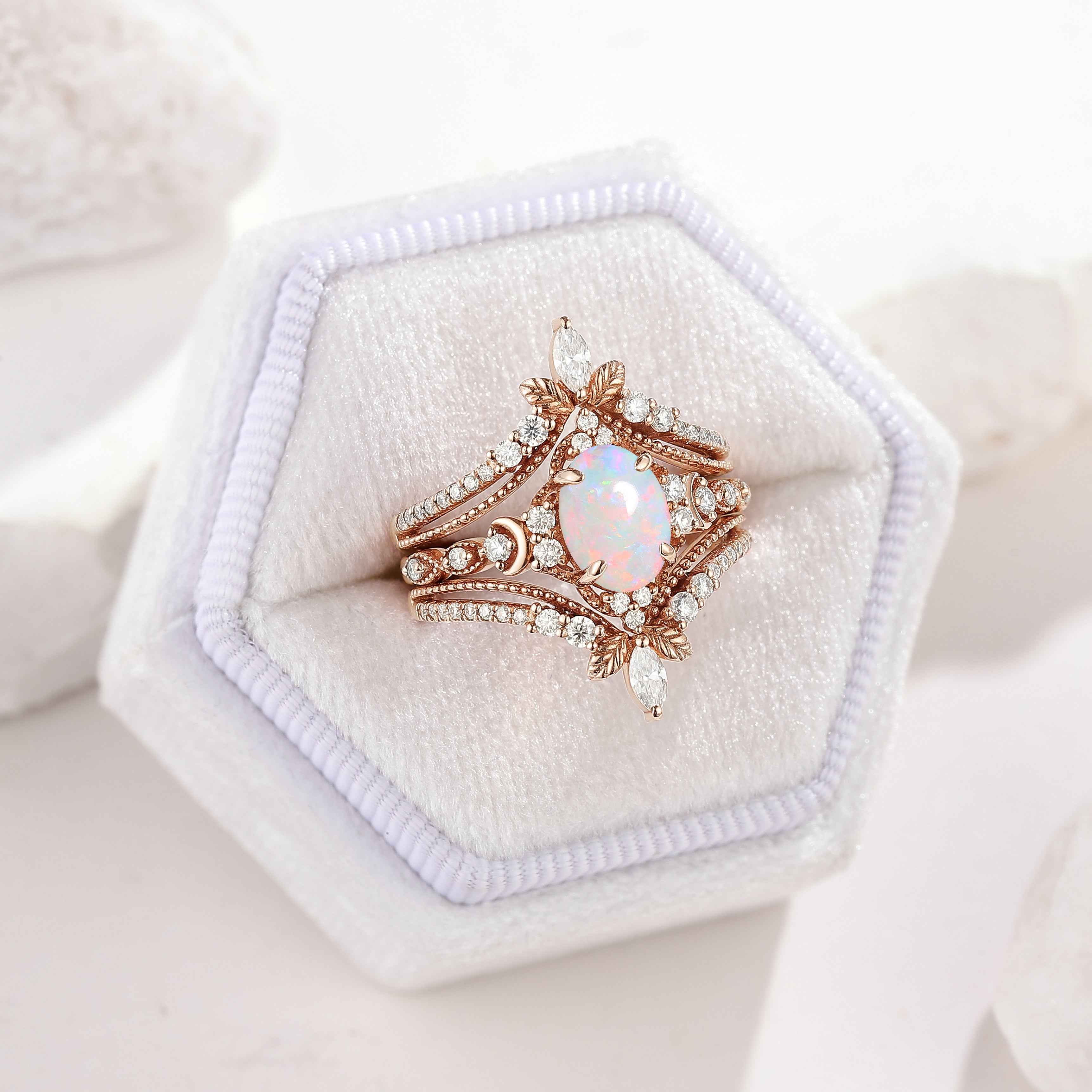 Opal Engagement Ring Nature Inspired Leaf Enhancer Wedding Band 2pcs
