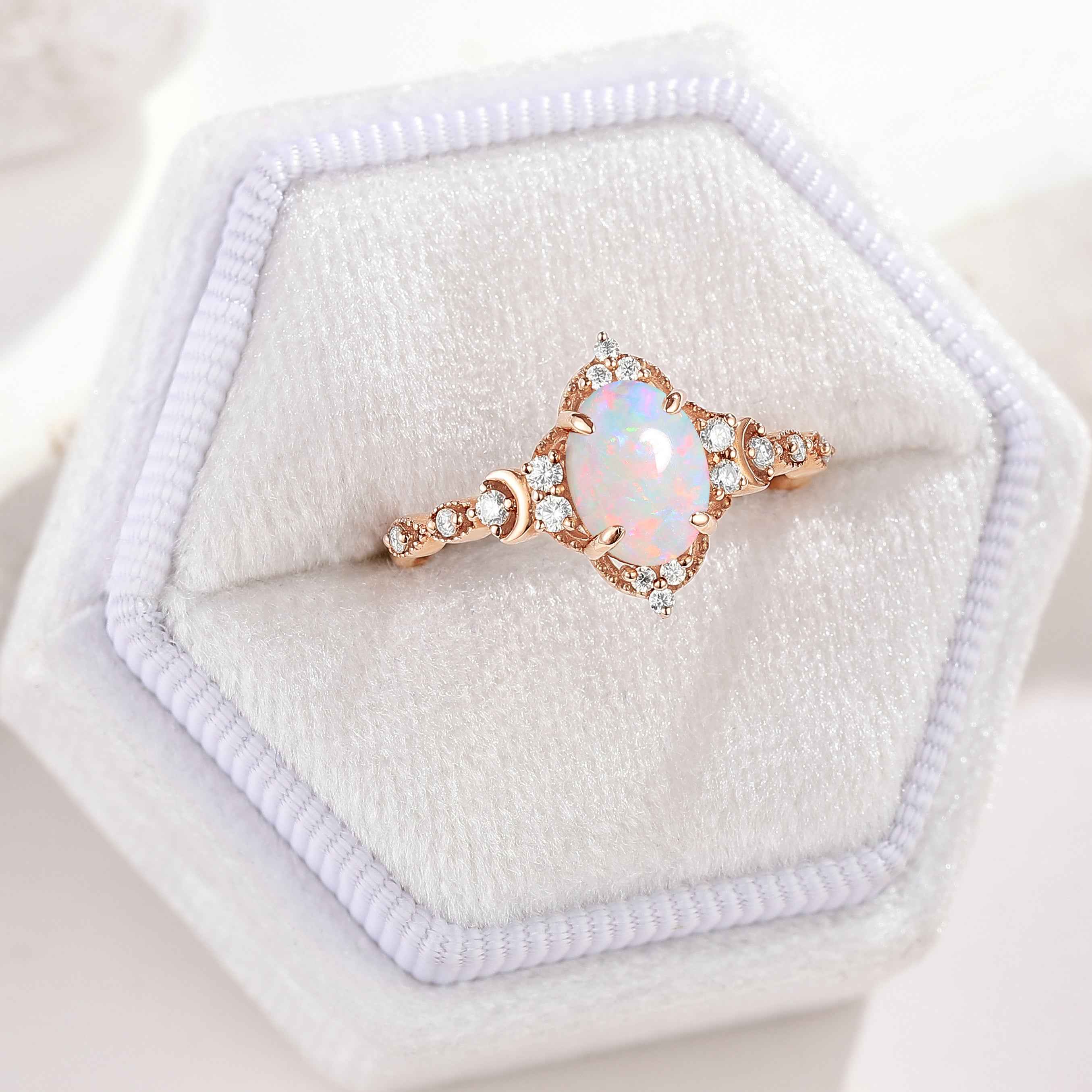 Unique Oval Opal Engagement Ring Moon Ring Rose Gold