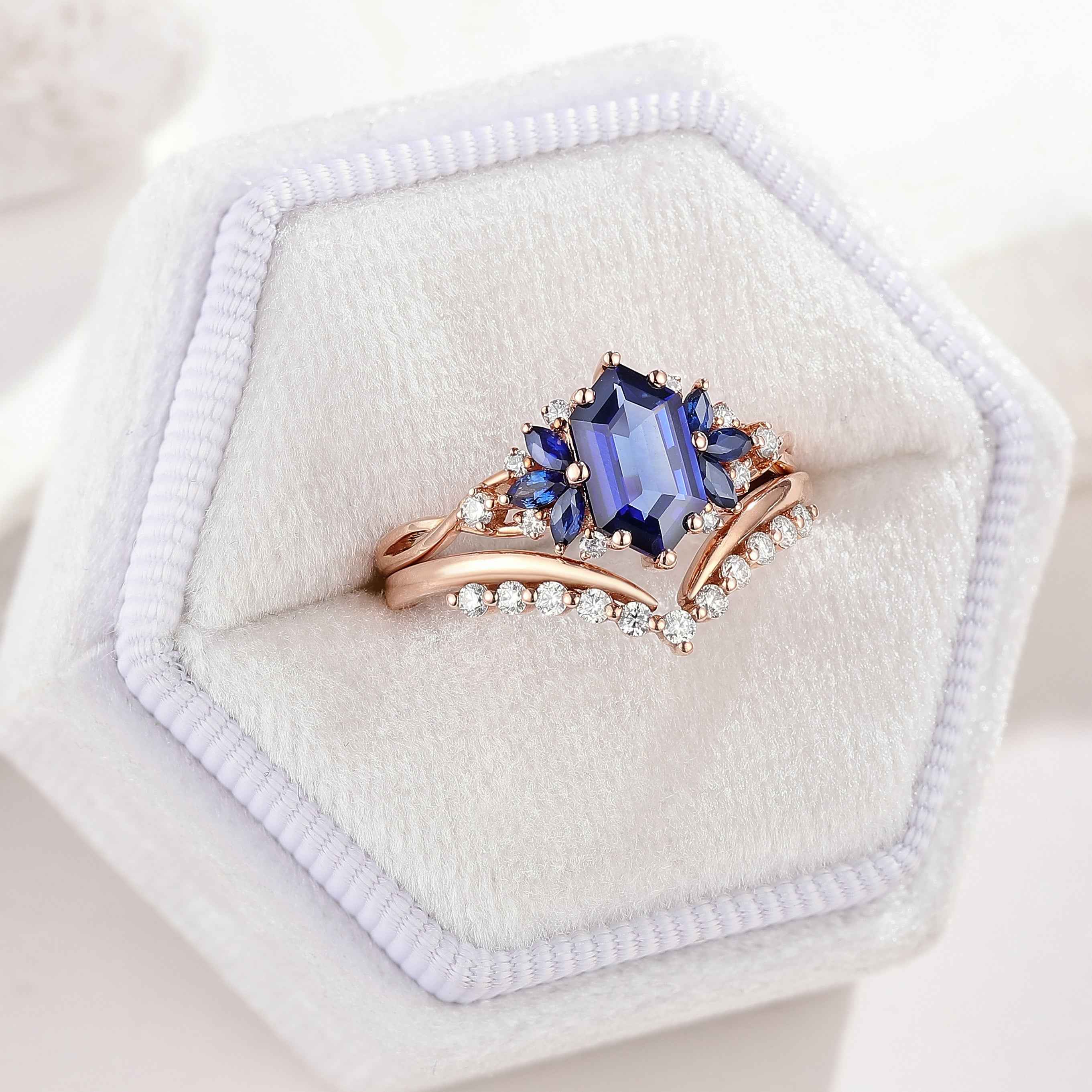 Dainty Hexagon Cut Blue Sapphire Engagement Ring Set Chevron Wedding Band 2pcs