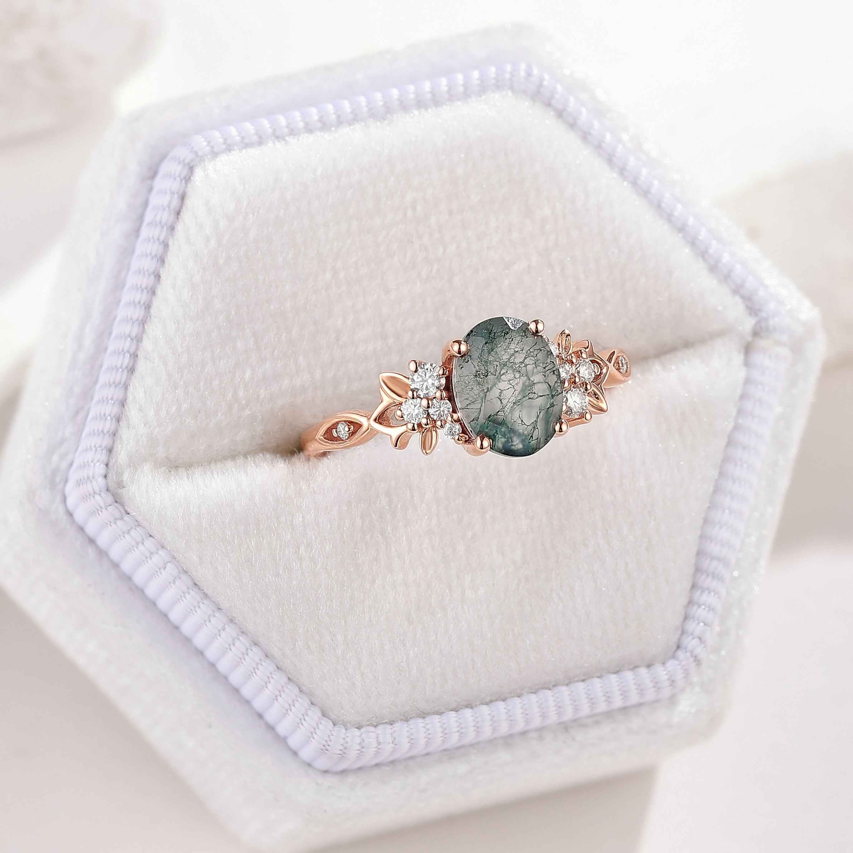 Oval Cut Moss Agate Engagement Ring Nature Inspired Leaf Ring