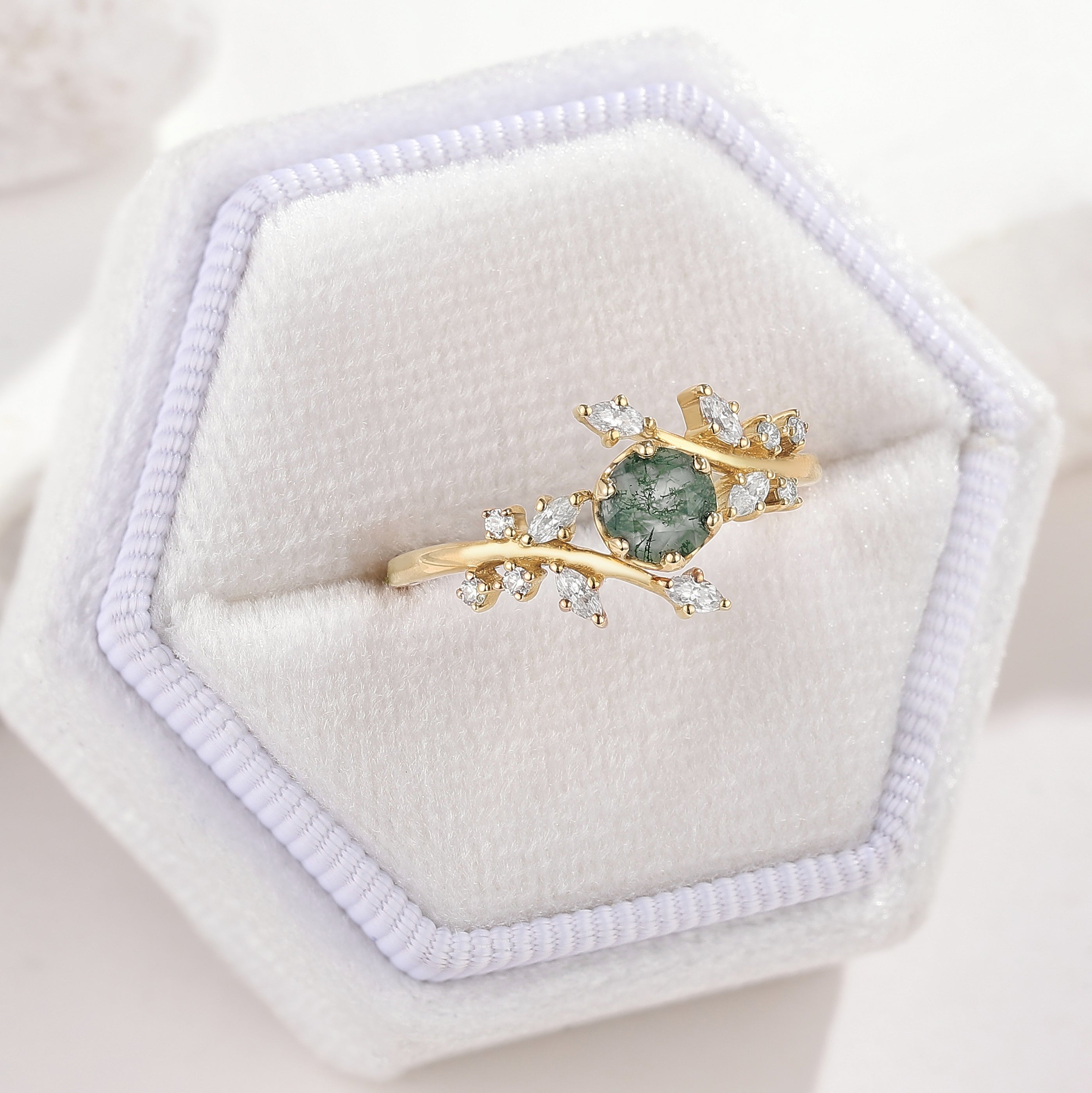 Nature-Inspired Moss Agate Engagement Ring with Leaf Accents