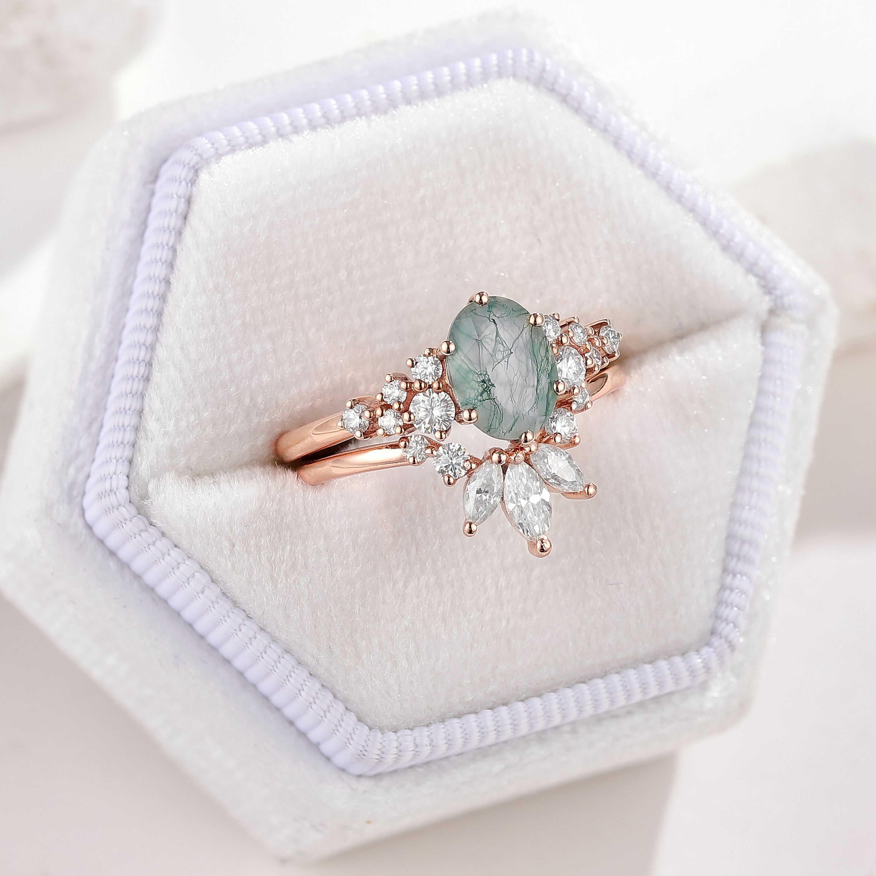 Rose gold moss agate engagement ring and moissanite wedding band set