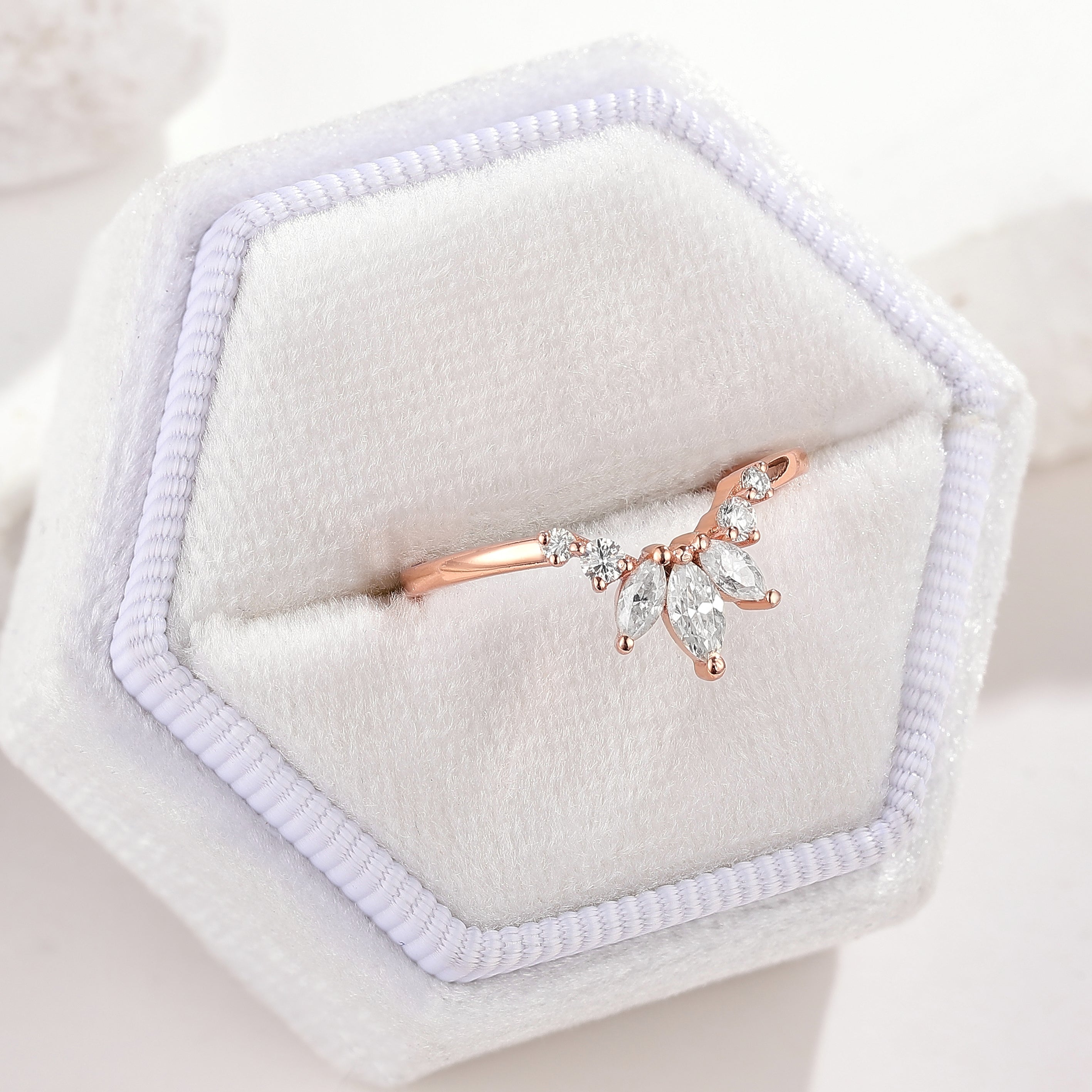 Marquise Moissanite Chevron Wedding Band in Rose Gold