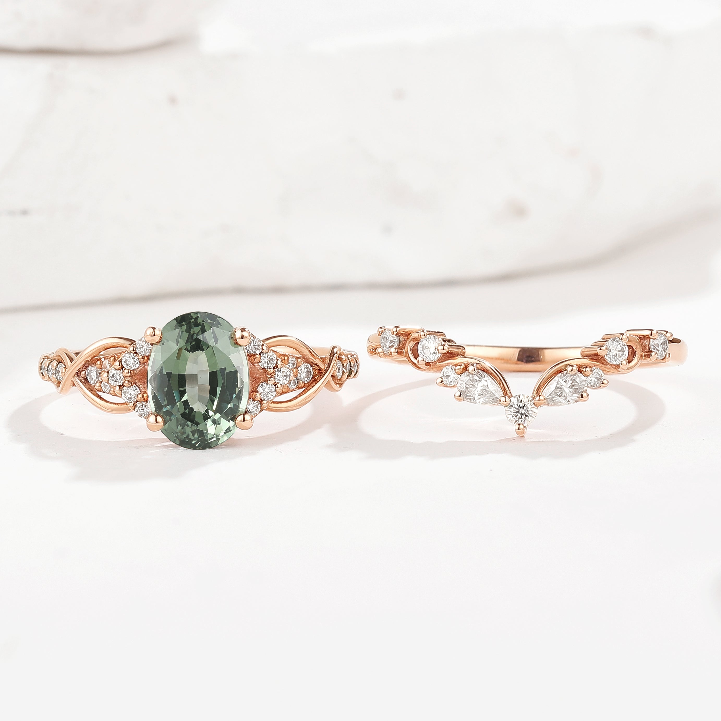 Rose gold oval green sapphire engagement ring set