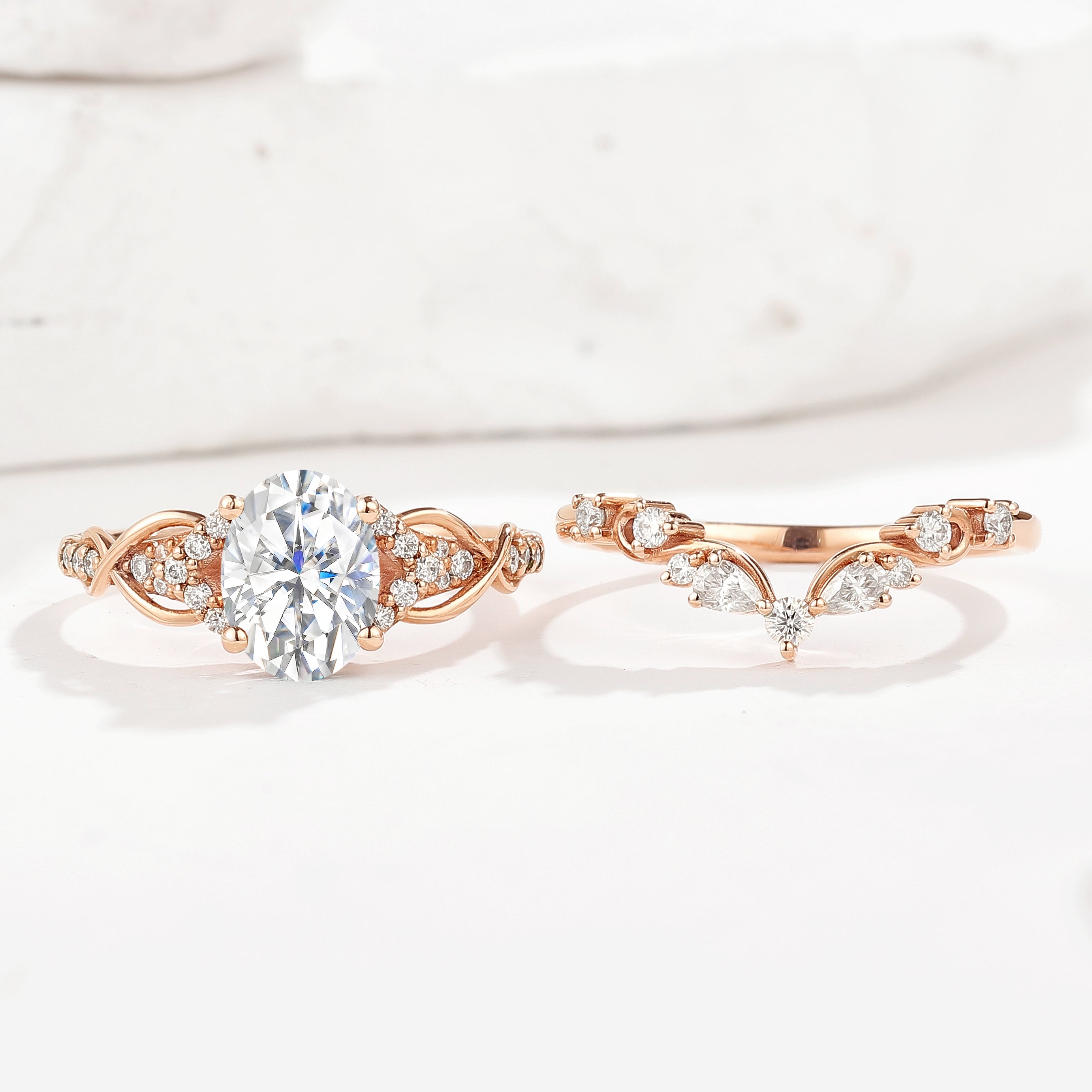 Oval moissanite engagement ring with curved band set