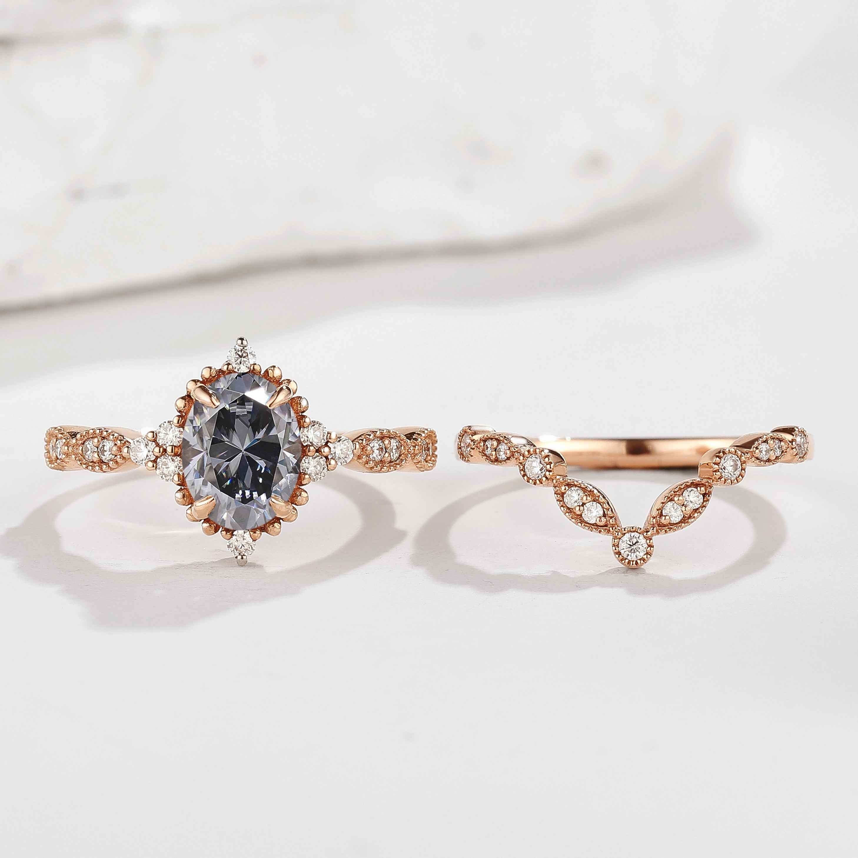 Oval Black Moissanite Engagement Ring Set Chevron Moissanite Wedding Band
