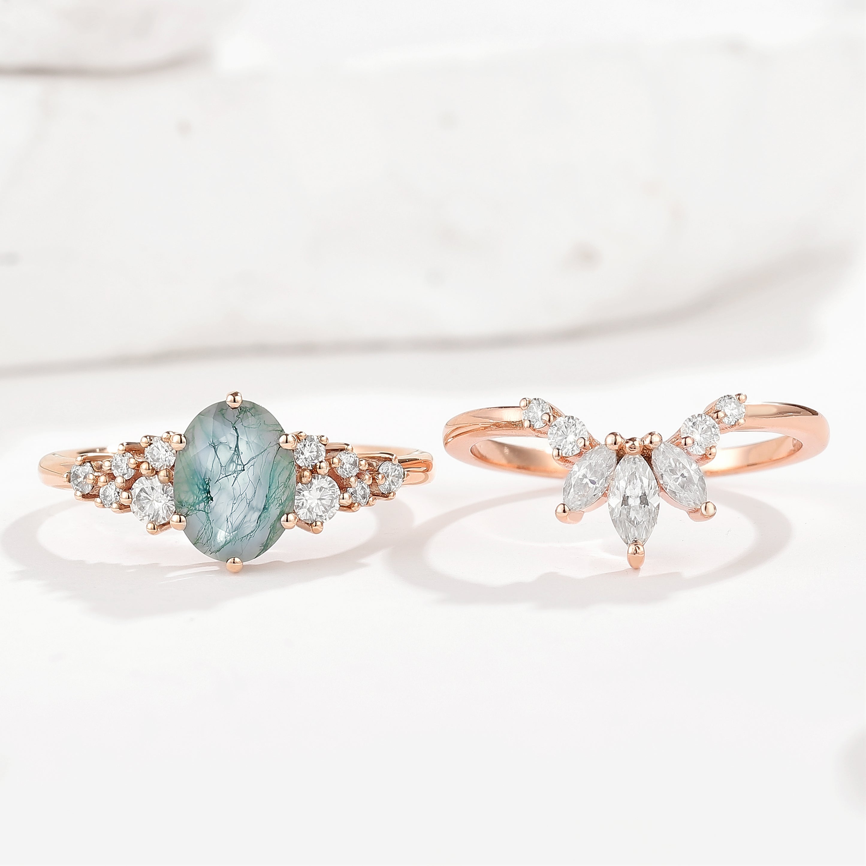 Rose gold moss agate engagement ring and moissanite chevron band set