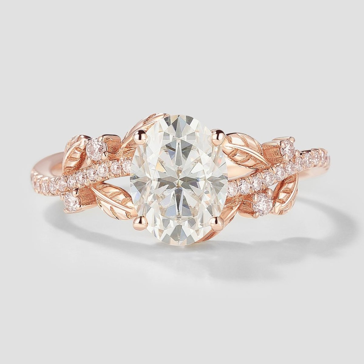 Oval Moissanite Leaf Engagement Ring in Rose Gold