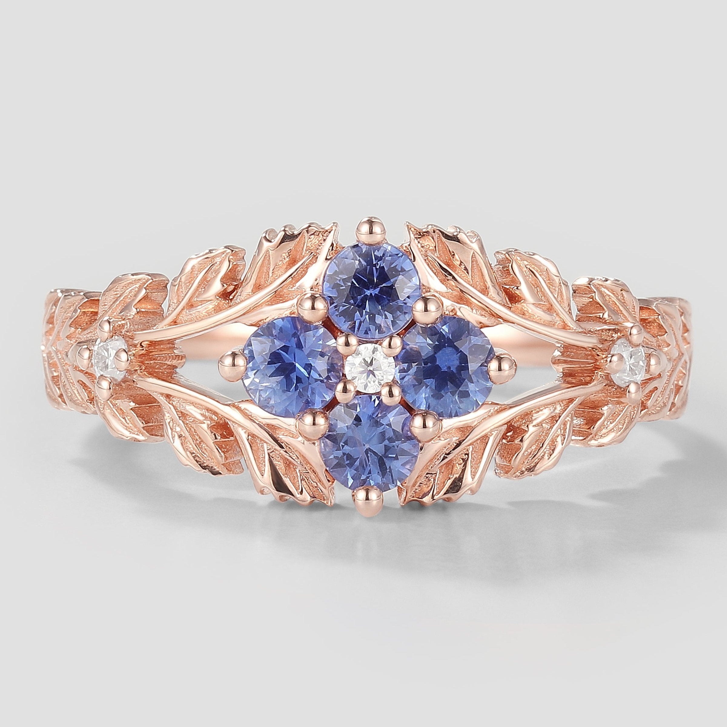 Rose gold Cornflower sapphire leaf engagement ring, nature-inspired design