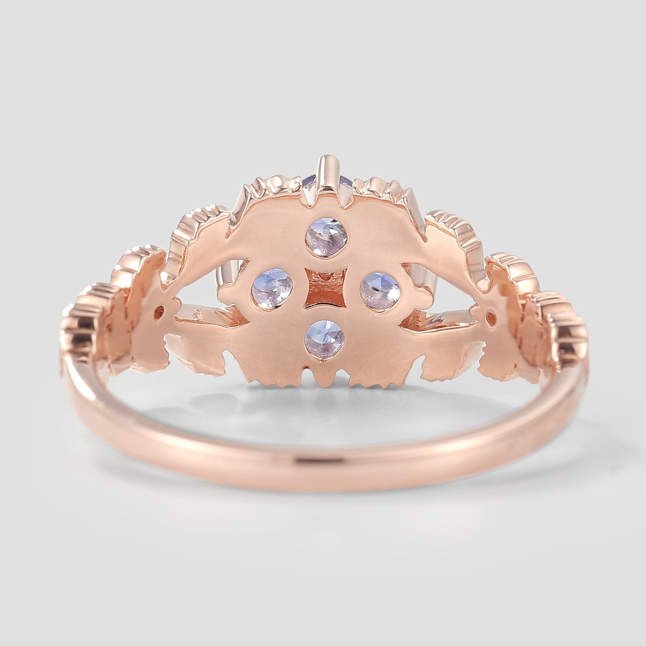 Rose gold Cornflower sapphire engagement ring, leaf design details