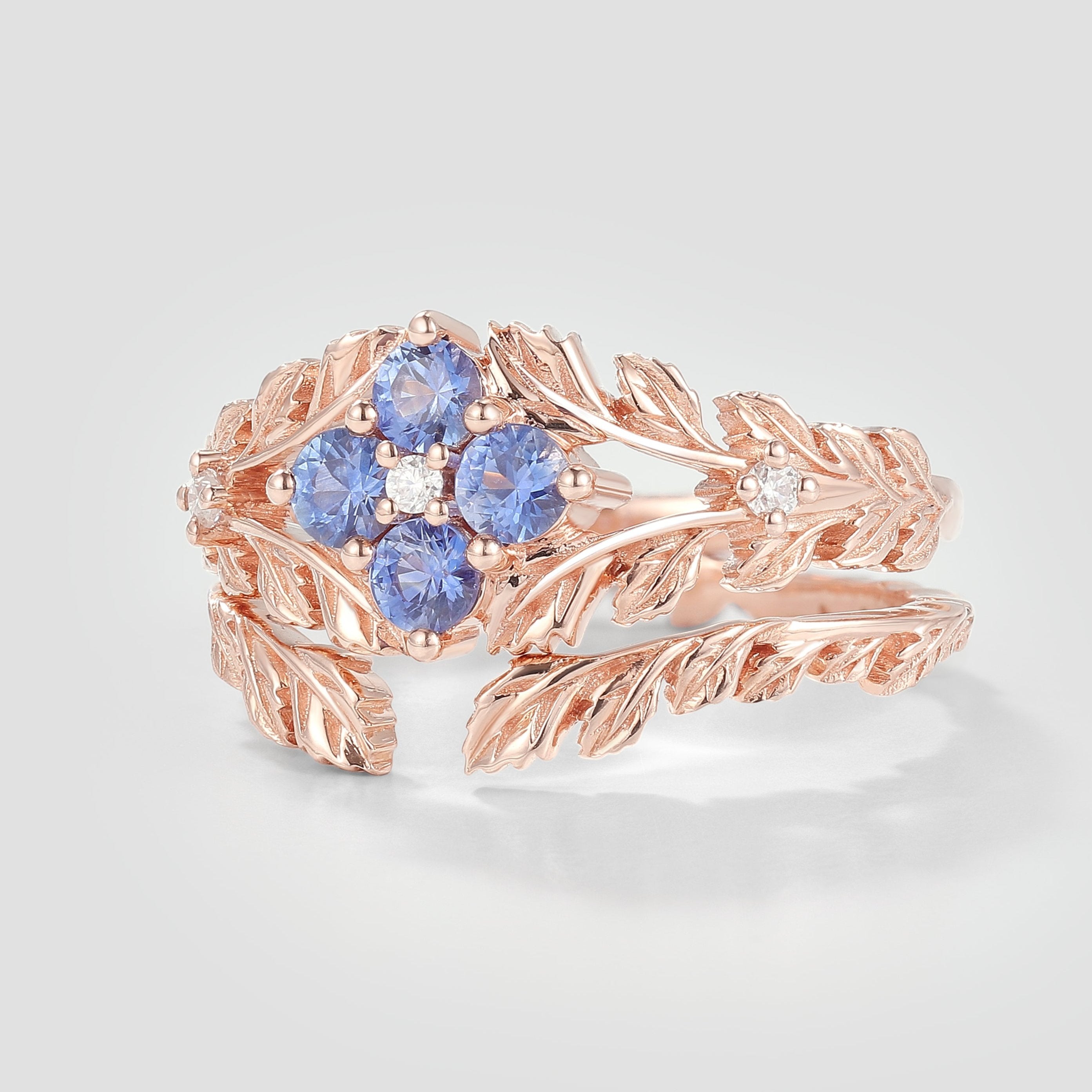 Nature-Inspired Leaf Engagement Ring Set with Cornflower Sapphires