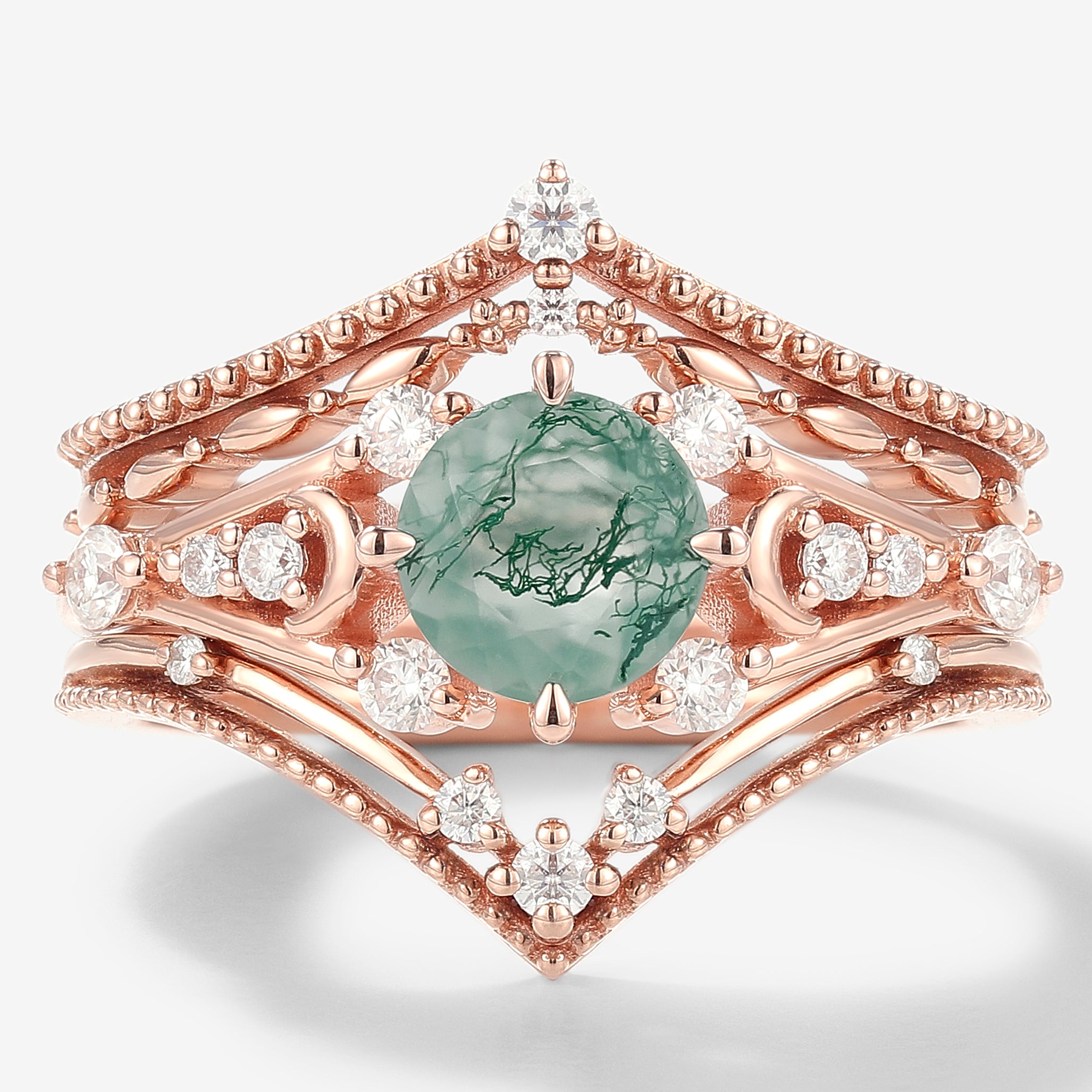 Rose gold moss agate engagement ring set with moissanite accents and wedding bands, vintage inspired bridal set